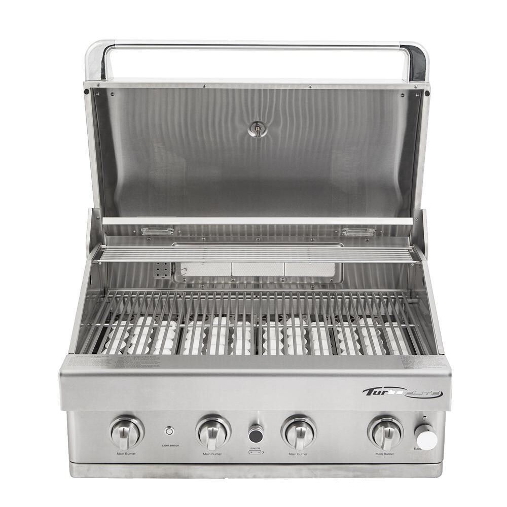 Turbo BTE3221BNG Elite 32-Inch 4-Burner Built-In Gas Grill - Grill Front With Hood Open thumbnail