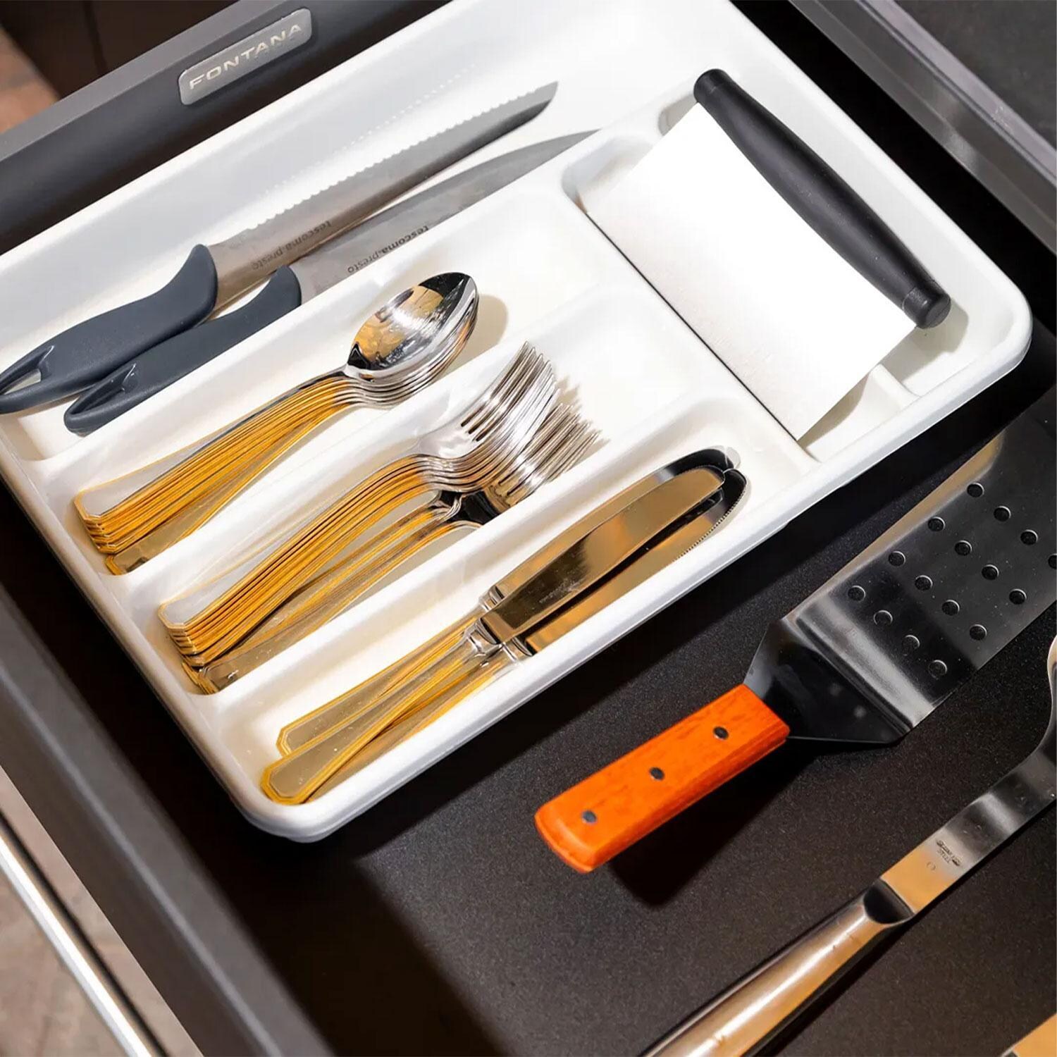 Fontana Forni Storage 65 Module W/ Iron Frost Countertop & End Panel - Utensils Inserted in Drawer - Detail thumbnail