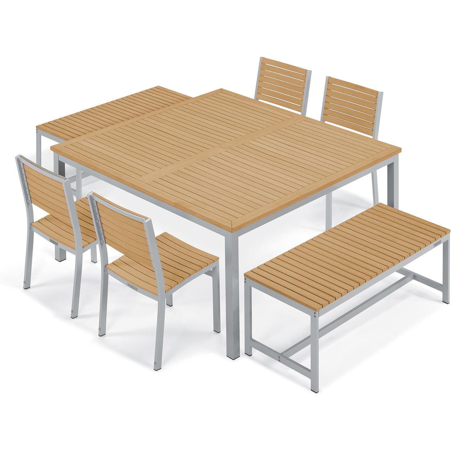Oxford Garden 5052-PC.F Travira 7 Pc Aluminum Dining Set w/ Bench in Natural Tekwood by Oxford Garden - Set - White Background thumbnail