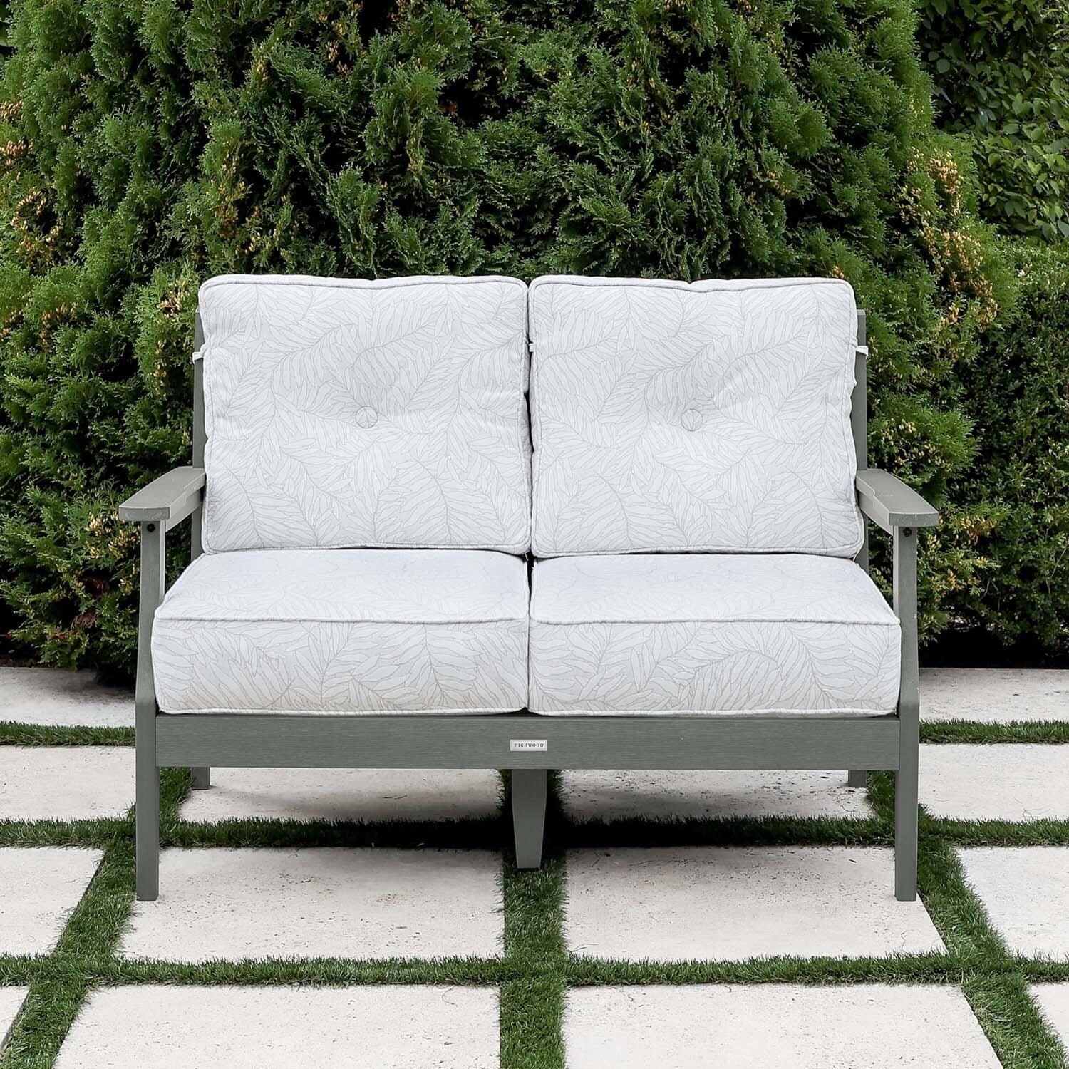 Blushing Bay 2 Person Recycled Plastic Loveseat in Lively Parchment/Coastal Teak by Lakeview Outdoor Designs - Lifestyle thumbnail