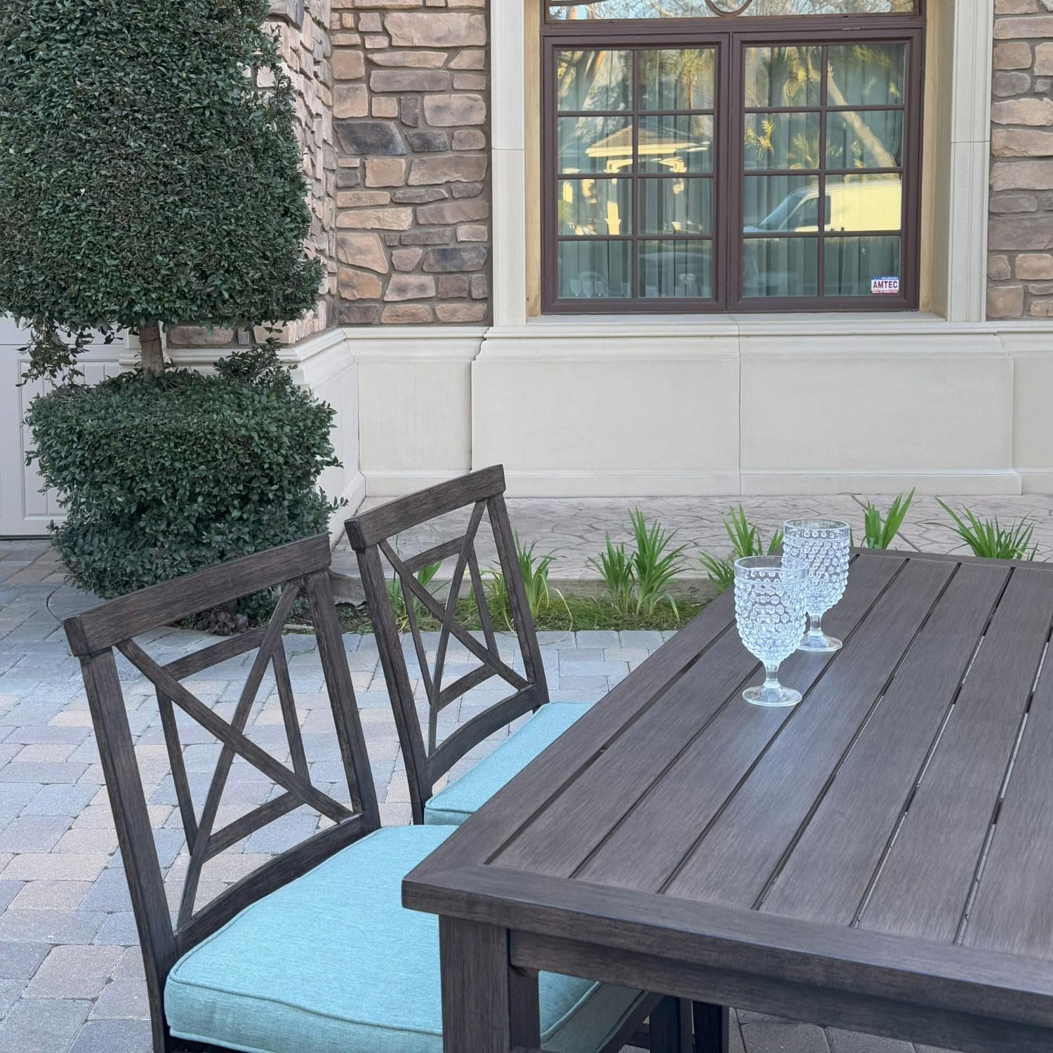 Atlantis 9 Pc Aluminum Dining Set w/ 8 Dining Side Chairs  in Walnut/Spa by Darlee - Chairs At Table - Lifestyle thumbnail