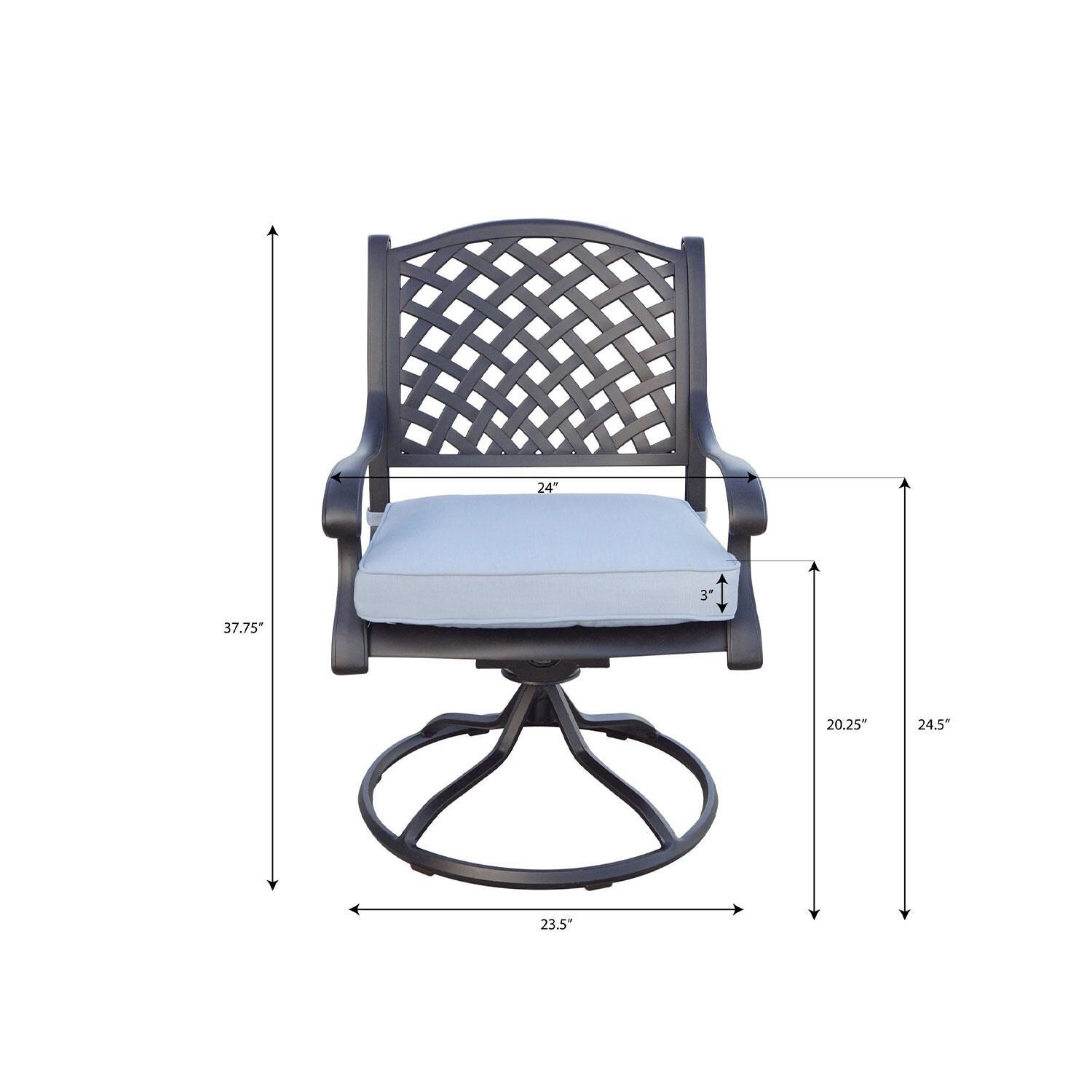 Nassau 7 Pc Cast Aluminum Patio Dining Set W/ 2 Swivel Rockers & Blue Cushions By Darlee - Swivel Dining Chair - Dimensions - Diagram thumbnail