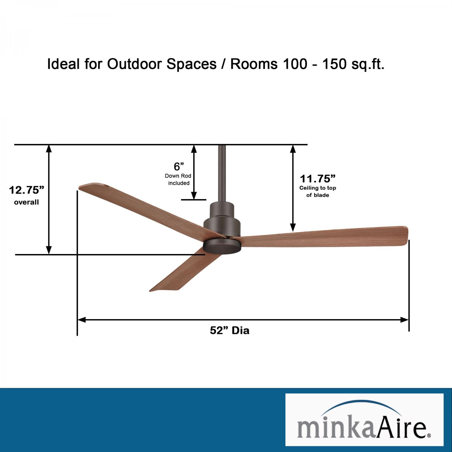 Minka-Aire F787-ORB Simple 52-Inch 3-Blade Ceiling Fan in Oil Rubbed Bronze Finish w/ - Medium Maple - Blades - Dimensions thumbnail