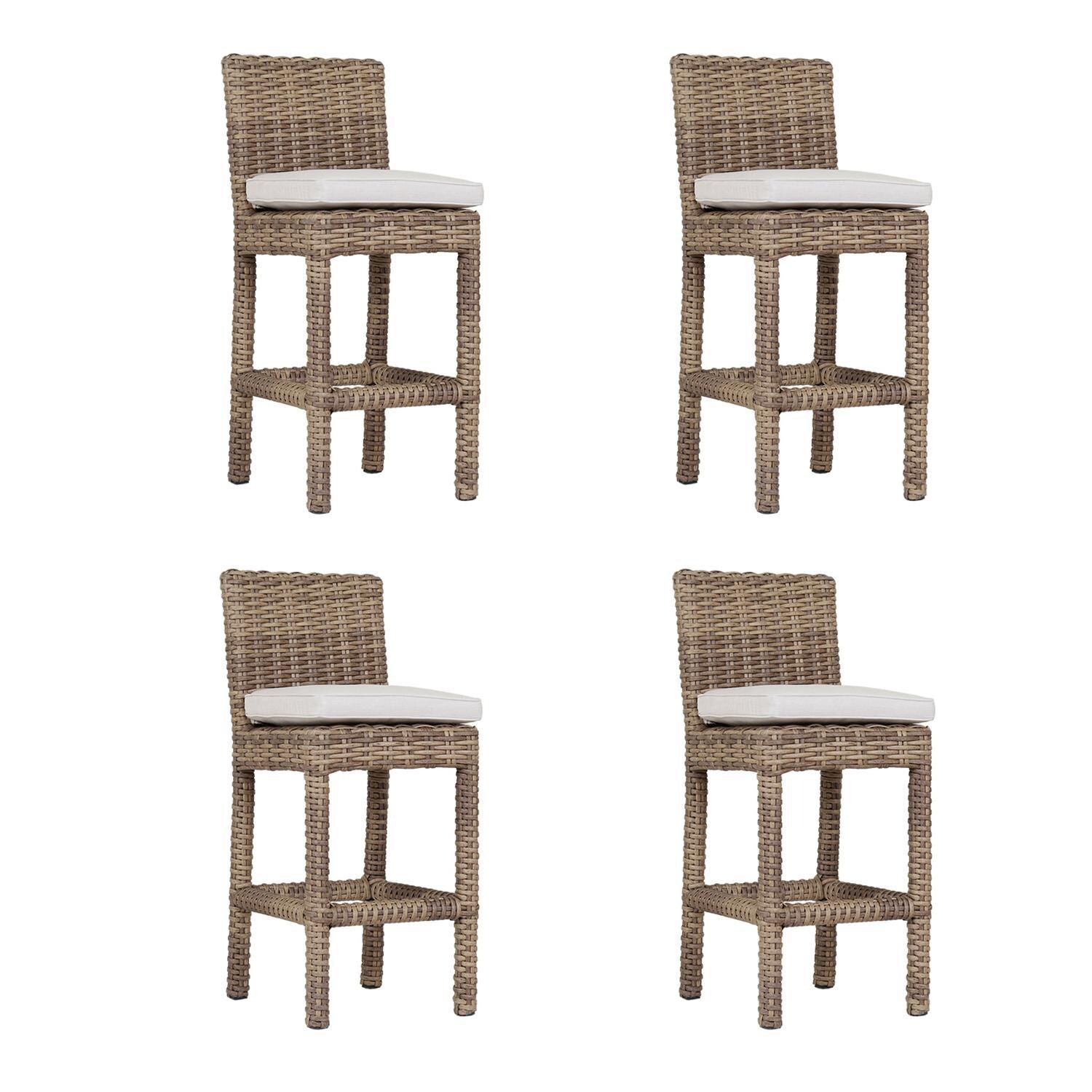 Havana 4 Piece Resin Wicker Patio Barstool Set W/ Subrella Canvas Flax Cushions By Sunset West
