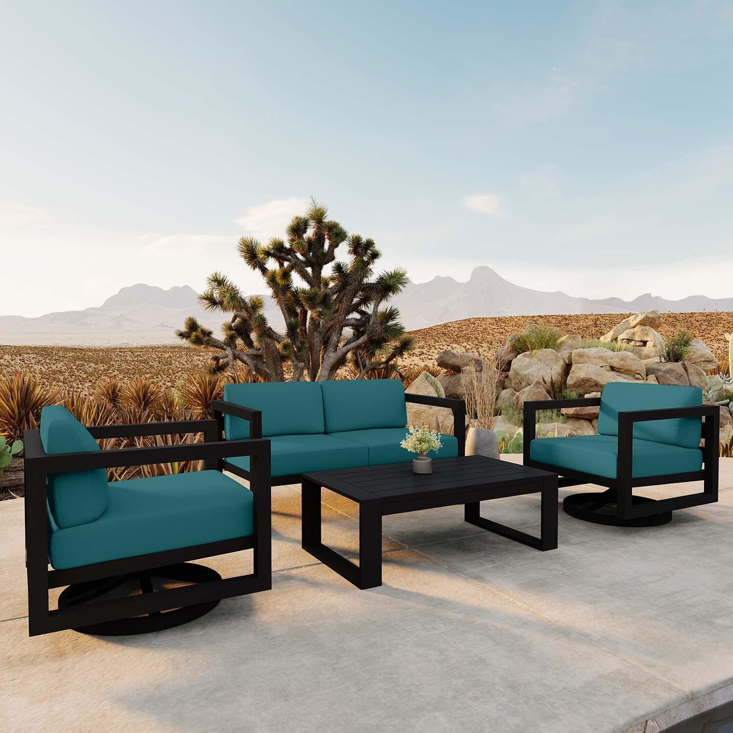 Misty Cove 4 Pc Aluminum Loveseat Seating Set w/ Swivel Chairs in Black/Spectrum Peacock by Lakeview Outdoor Designs - Angled - Lifestyle thumbnail