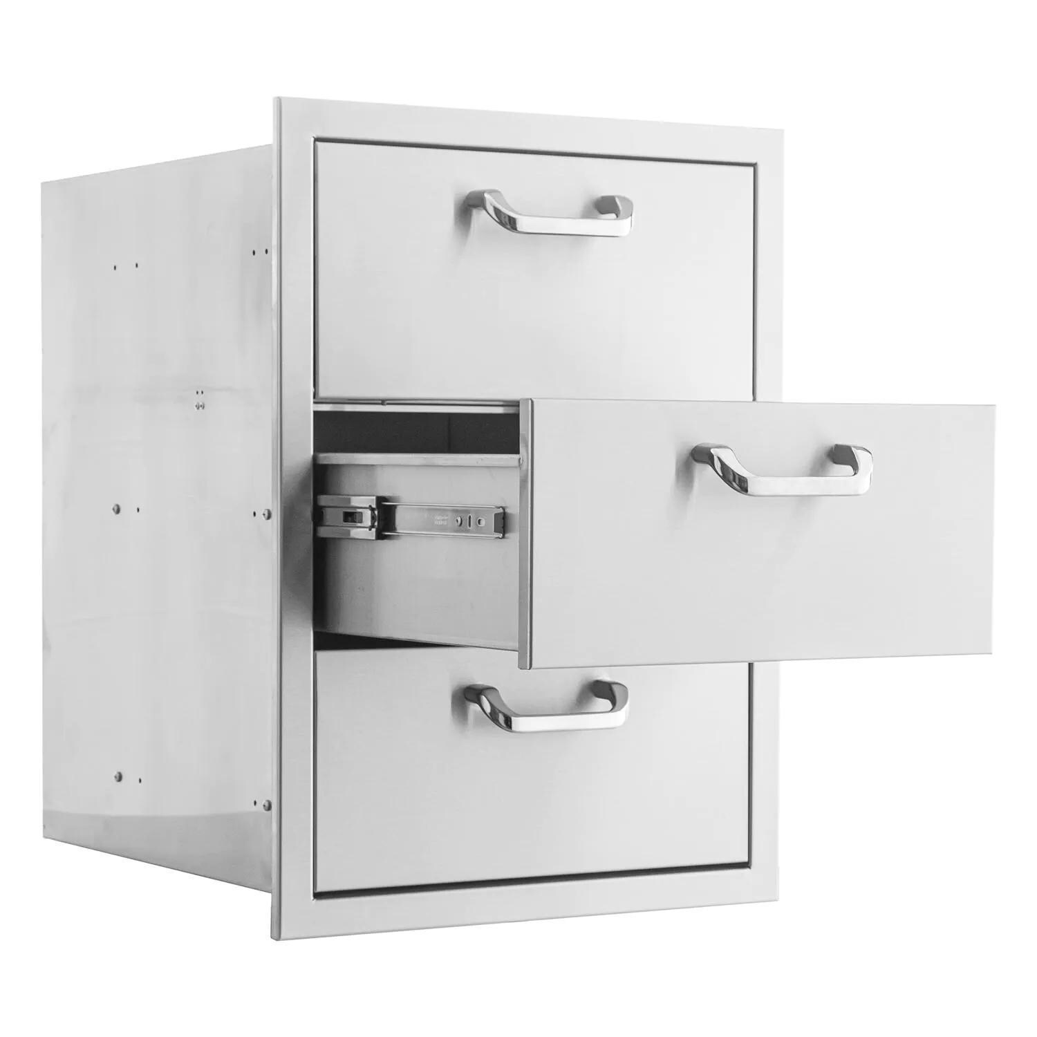 BBQGuys Signature 16-in Stainless Steel Double Access Drawer w/ Paper Towel Dispenser - Traditional Handles - Middle Drawer Open - White Background thumbnail