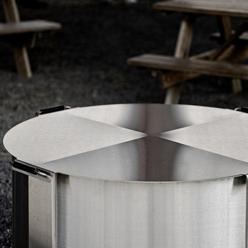 Breeo BR-XL42SS-LD X Series 42 Inch Round Stainless Steel Fire Pit Lid - Outside Up Close - Lifestyle thumbnail