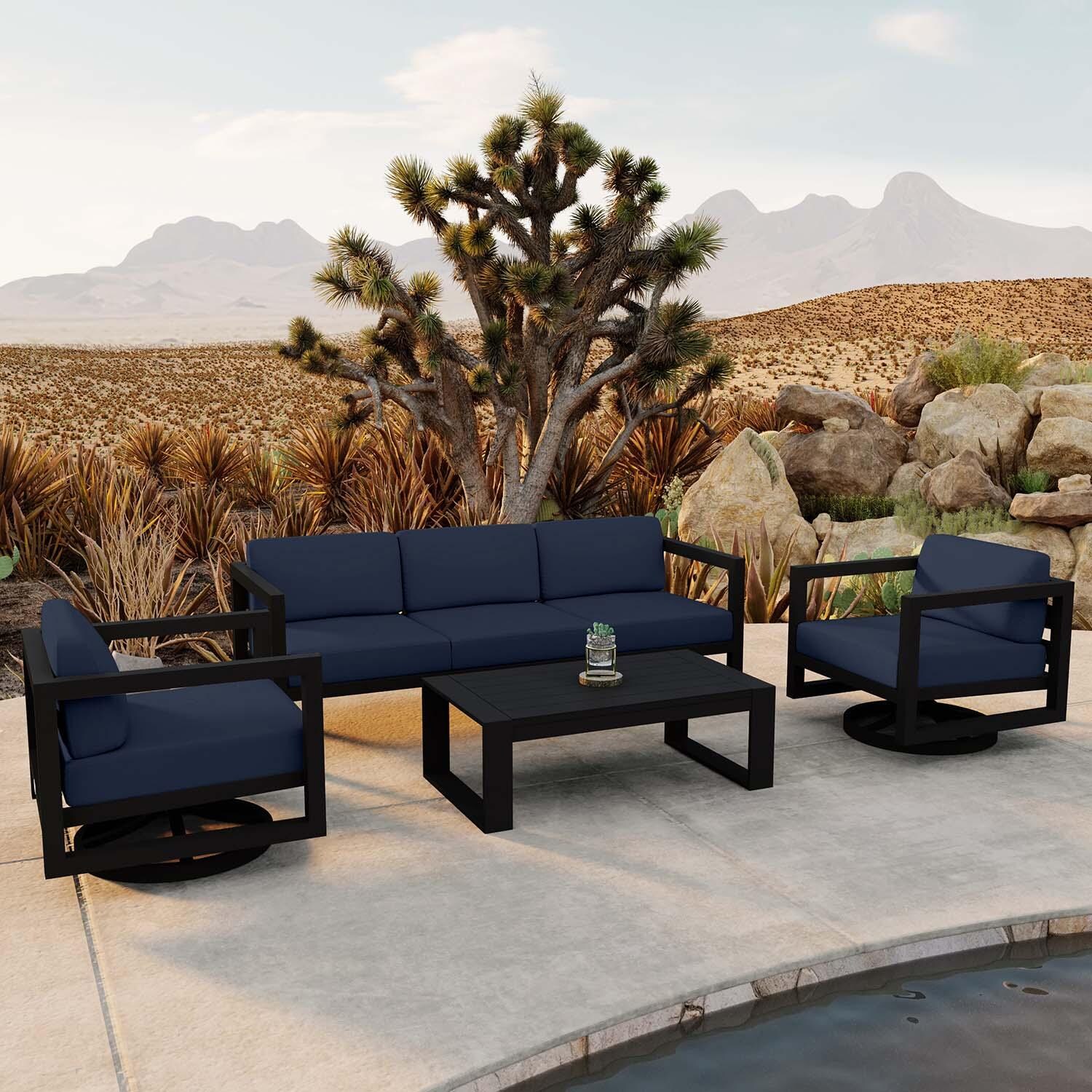 Misty Cove 4 Pc Aluminum Sofa Seating Set w/ Swivel Chairs in Black/Spectrum Indigo by Lakeview Outdoor Designs - Angled - Lifestyle thumbnail
