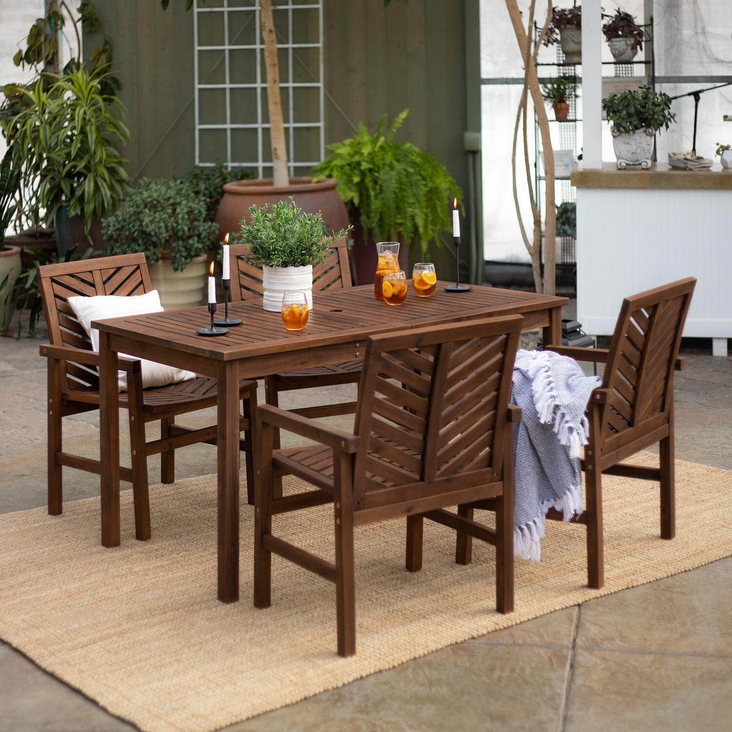 Walker Edison Vincent 5 Piece Acacia Patio Dining Set W/ 60 X 32 Inch Rectangular Table - Dark Brown image