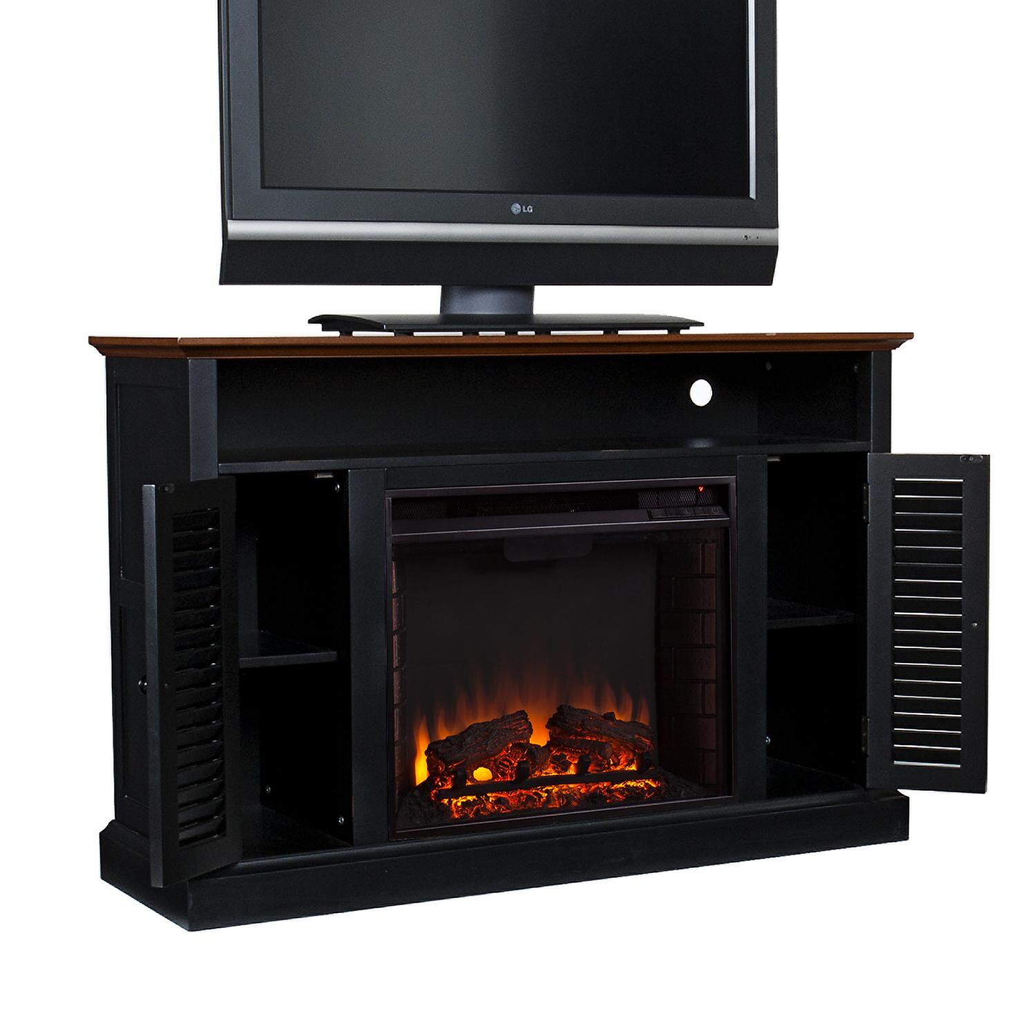 Southern Enterprises Antebellum 48-Inch Electric Fireplace Media Console - Black/Walnut - Hero With TV And Open Cabinets thumbnail