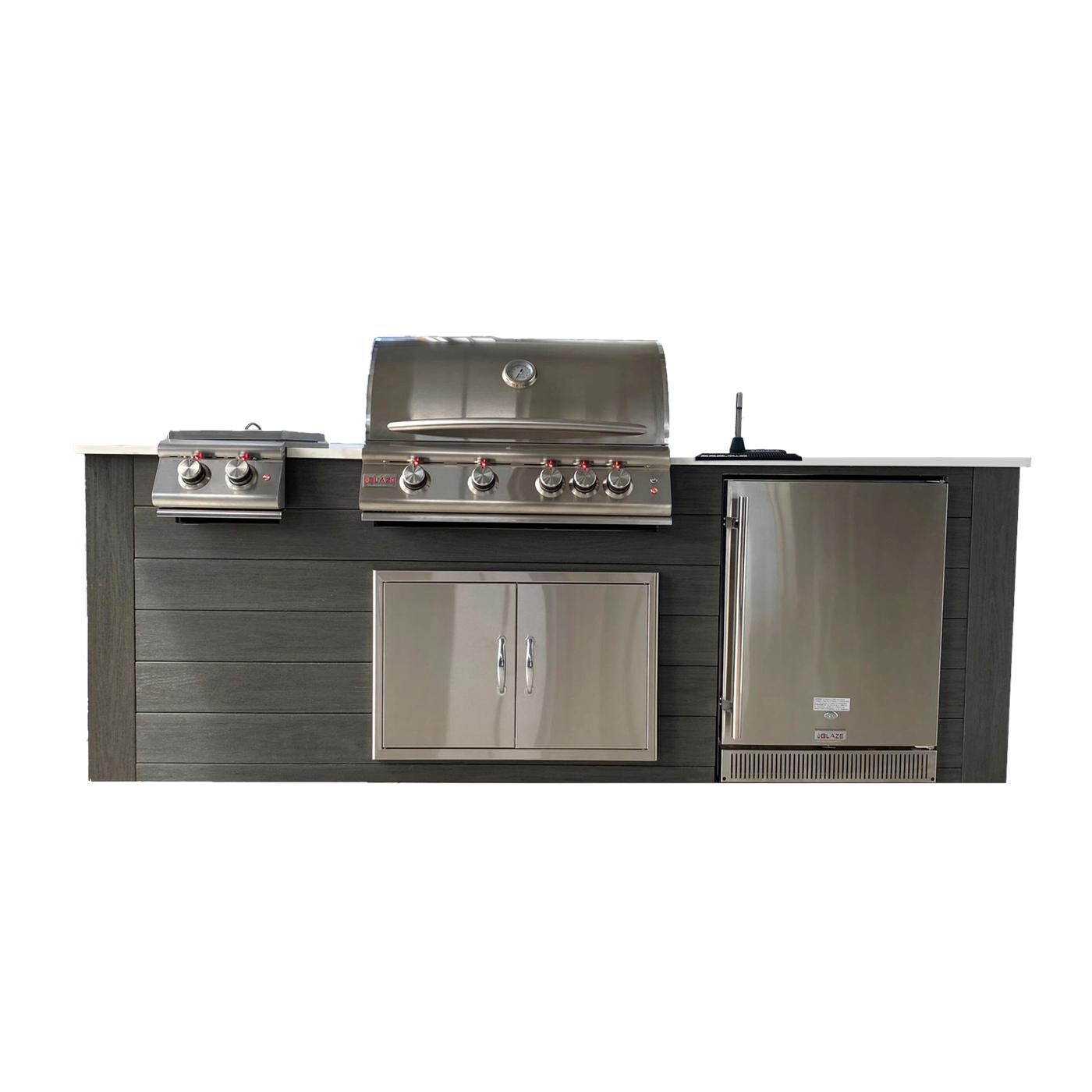 Pro-Fit 8-Foot Outdoor Kitchen Island W/ Blaze Premium LTE 32-Inch Propane Gas Grill, Double Side Burner, Refrigerator & Beverage Dispenser - Onyx / Bianco Giulia A Satin image