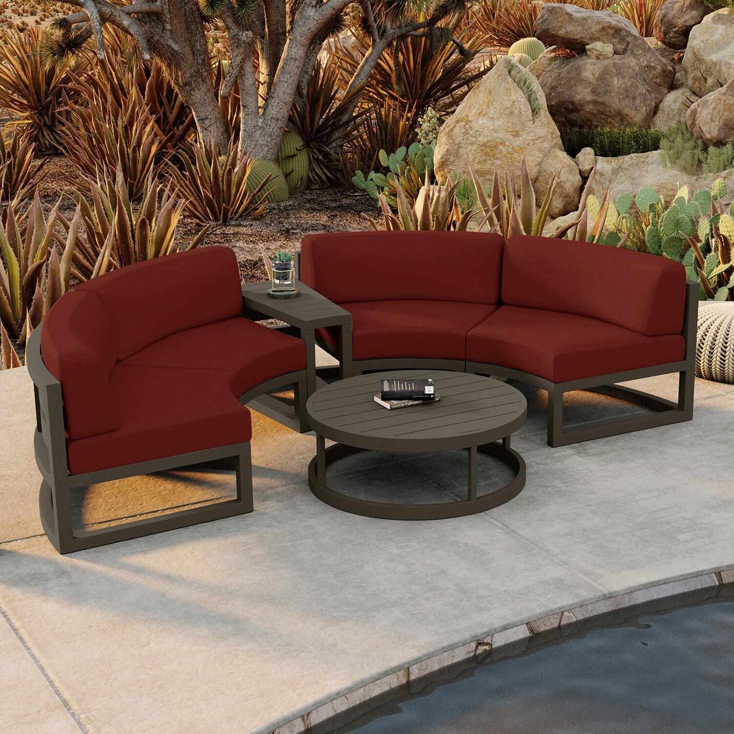 Misty Cove 4 Piece Curve Sectional Set in Slate w/Coffee Table & Canvas Henna Cushions by Lakeview - By Pool - Lifestyle thumbnail