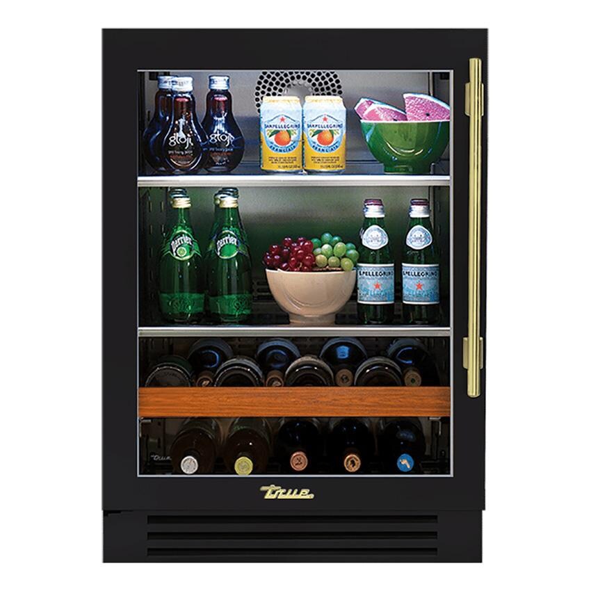 True 24 Inch 147 Can 13 Bottle Left Hinge Glass Door Outdoor Beverage Center - Matte Black w/ Brass Handle - TBC-24-L-OG-C~DSK-027-H01