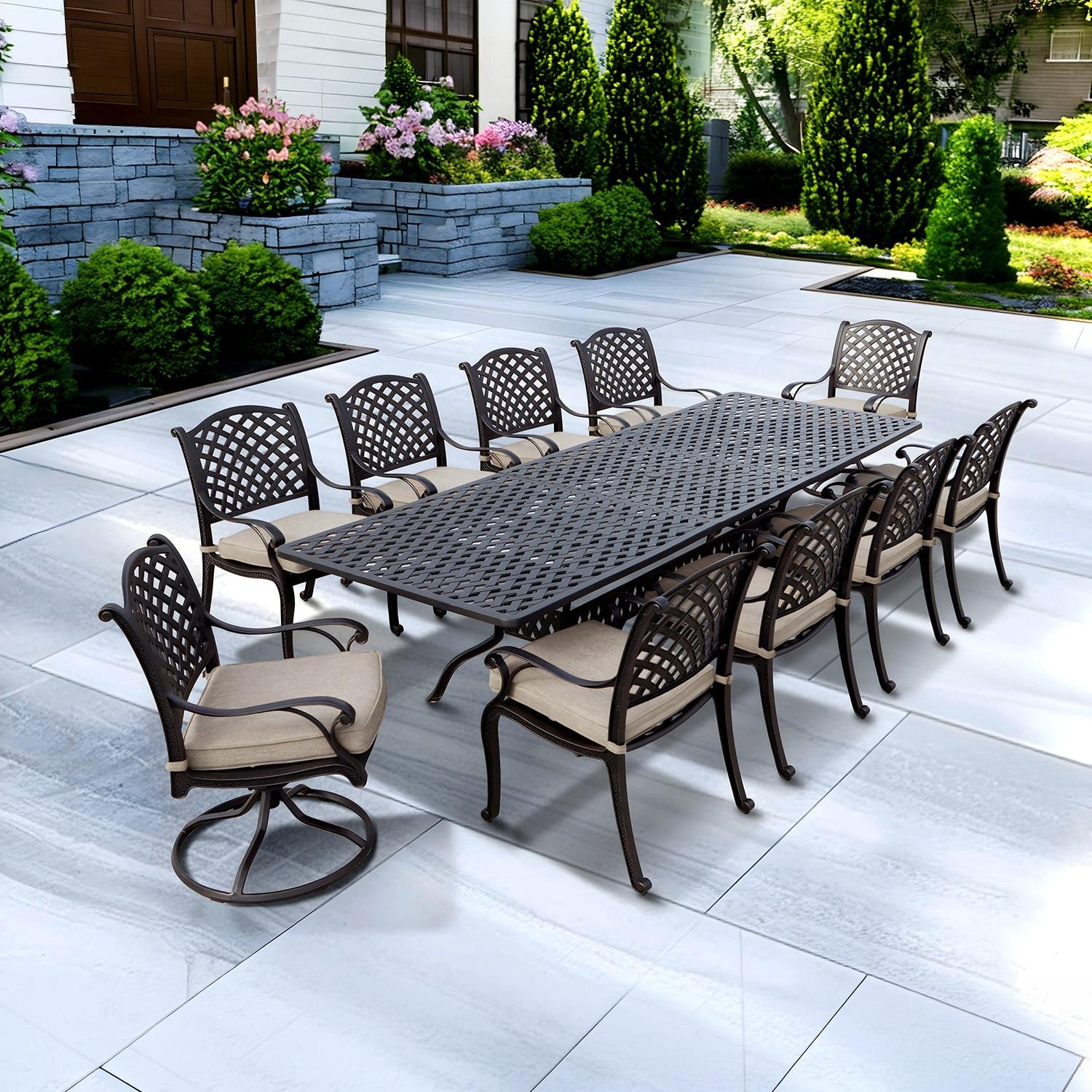 Darlee Nassau 11-Piece Patio Dining Set (with 2 Swivel Rockers) with Sesame Cushions and 42 X 120 Inch Rectangular Extension Dining Table - Set - Lifestyle thumbnail