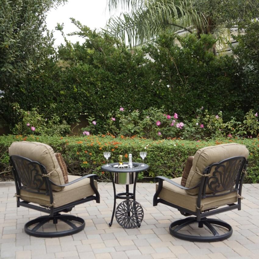 Darlee Elisabeth 2 Piece Cast Aluminum Patio Swivel Rocker Club Chair Set W/ Sesame Cushions - Rear View - Lifestyle thumbnail