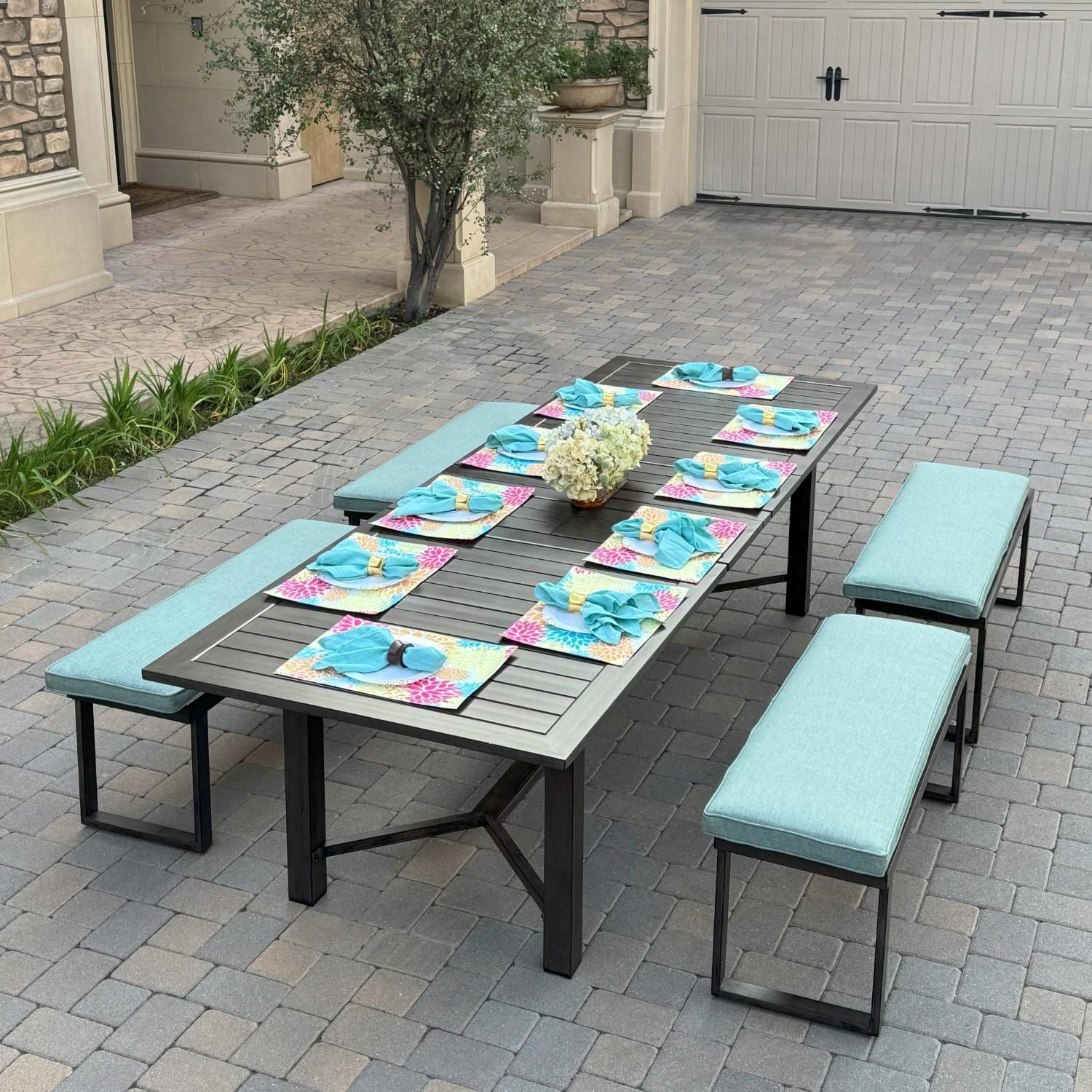 Atlantis 5 Pc Aluminum Dining Set w/ 4 Two Person Benches & Extension Table in Walnut/Spa by Darlee - Angled Table - Lifestyle thumbnail