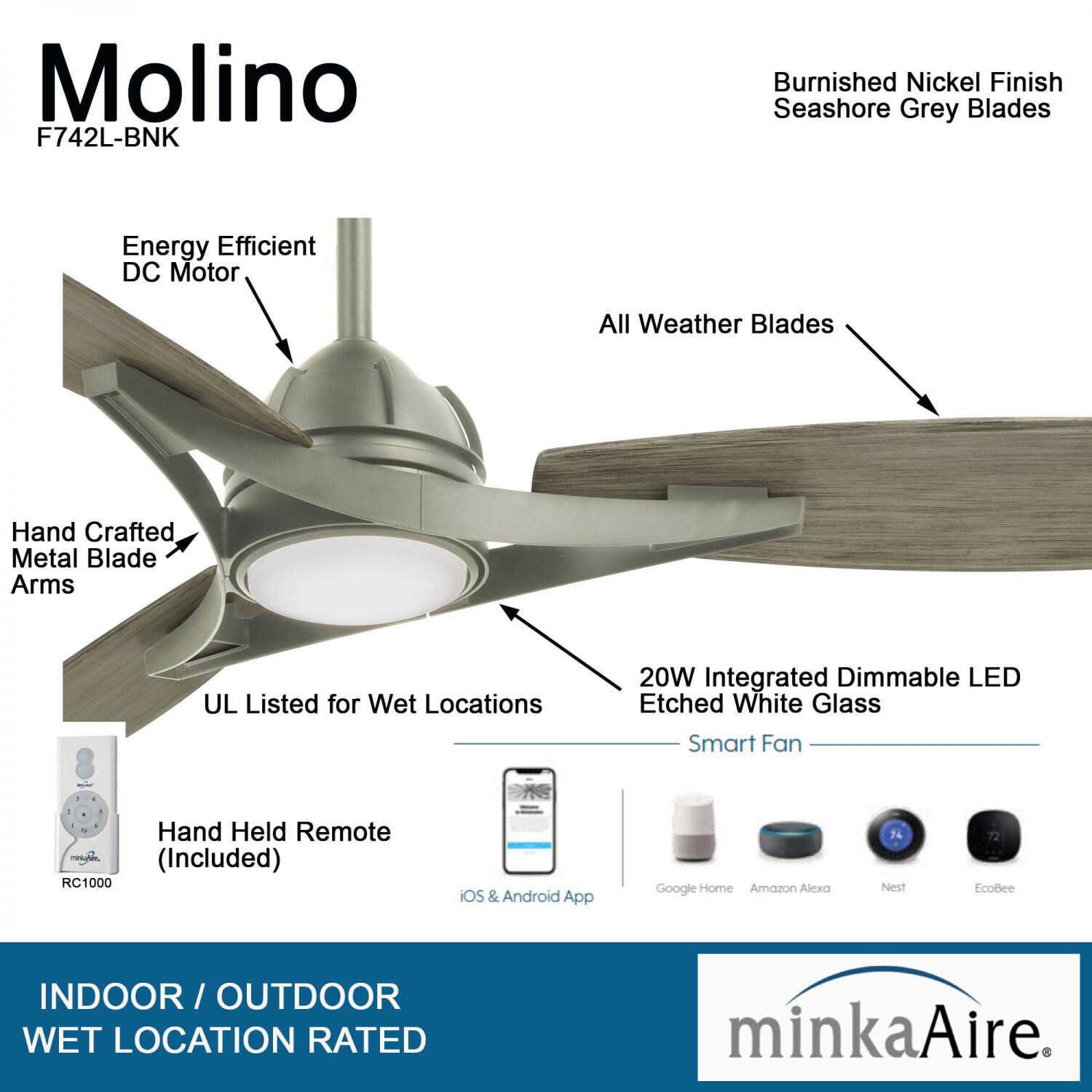 Minka-Aire F742L-BNK Molino 65-Inch 3-Blade LED Smart Ceiling Fan in Burnished Nickel Finish w/ Seashore Grey Blades & Etched White Glass - Details thumbnail