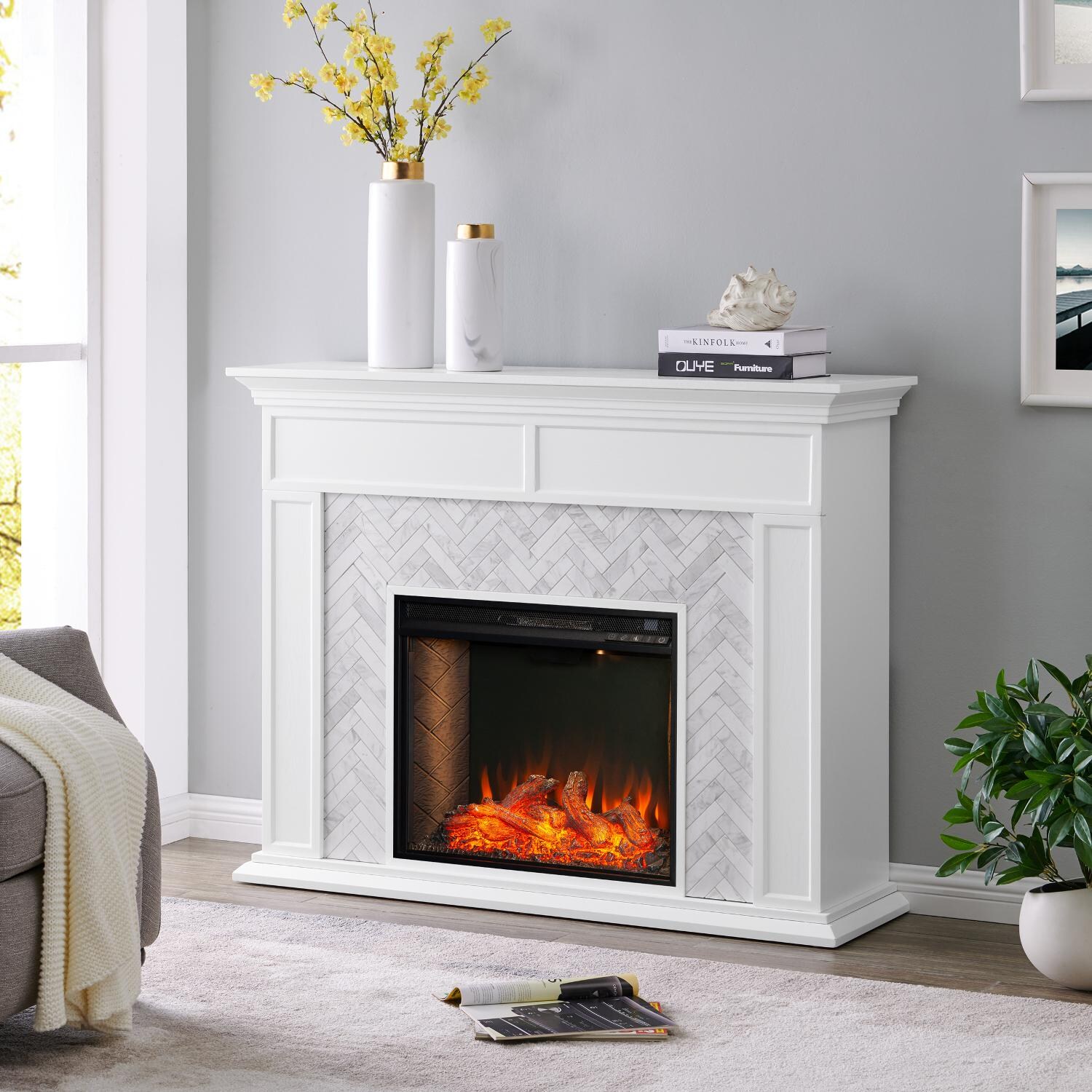 Southern Enterprises FS1009359 Torlington 50-Inch Electric Fireplace W/ Alexa-Enabled Firebox - White W/ Gray & White Marble Tile - In The Home thumbnail