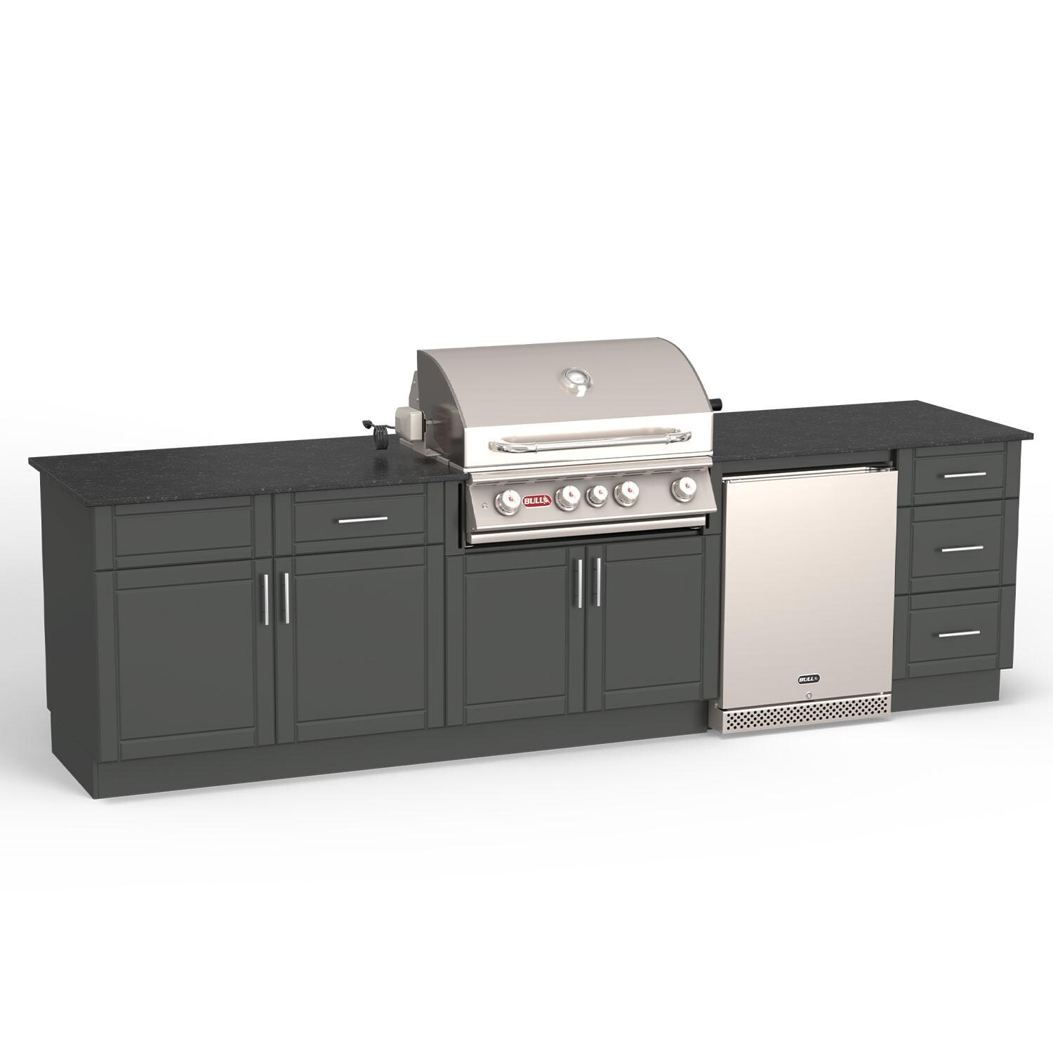 Bull Charleston DuraBull 10 Ft Outdoor Kitchen Island w/ Angus 30-in Natural Gas Grill & Refrigerator in Charcoal Grey/Midnight Black Granite