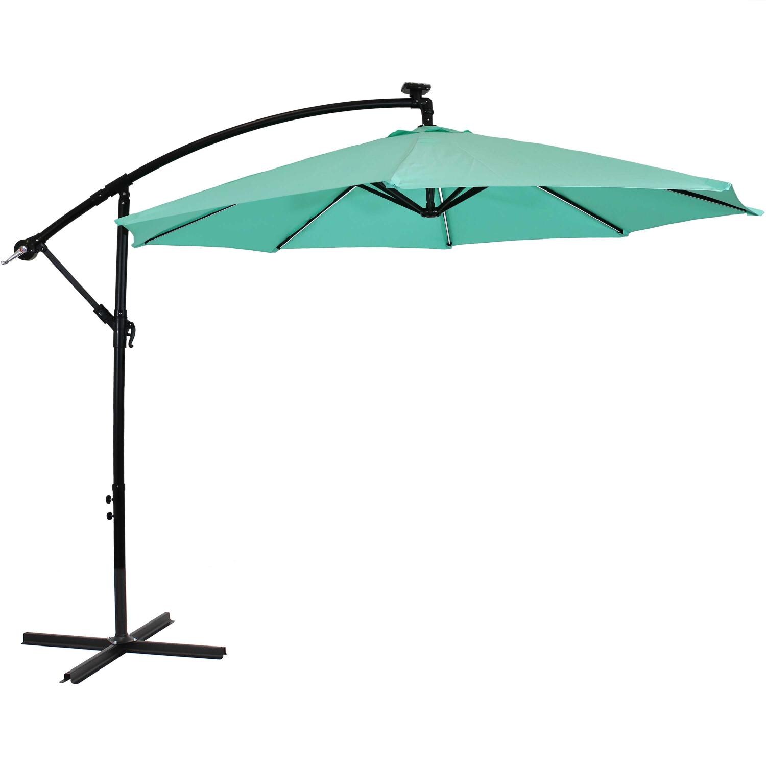 Sunnydaze 10 Ft. Solar Lighted Octagonal Steel Patio Cantilever W/ Crank - Black Frame & Seafoam Polyester Canopy image