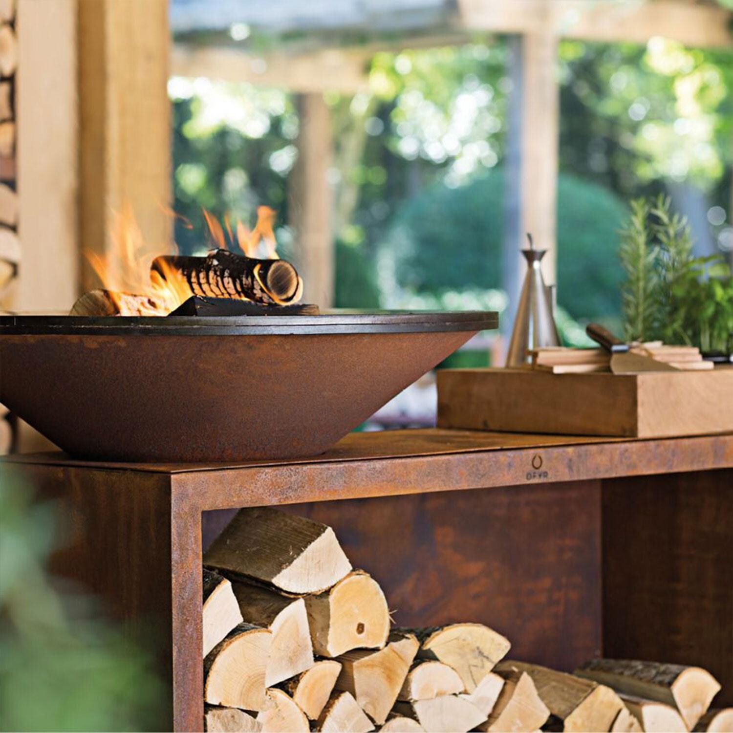 OFYR OI-100-TW Island Corten 100 Teak Wood 40 Inch Wood-Fired Flat Top Grill - Wood Burning - Lifestyle thumbnail