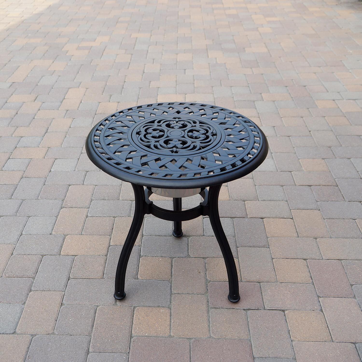 Darlee Elisabeth 3 Pc Cast Aluminum Bistro Set w/ 24 Inch Series 60 Ice Bucket End Table & in Antique Bronze/Beige Canvas - Table - Lifestyle thumbnail