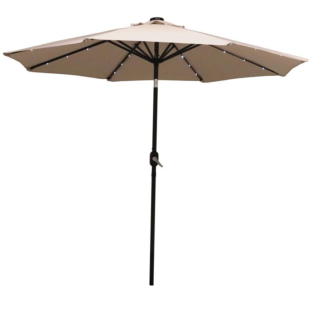 Sunnydaze 9 Ft. Solar Lighted Octagonal Aluminum Patio Market Umbrella W/ Crank & Tilt - Black Frame & Beige Polyester Canopy image