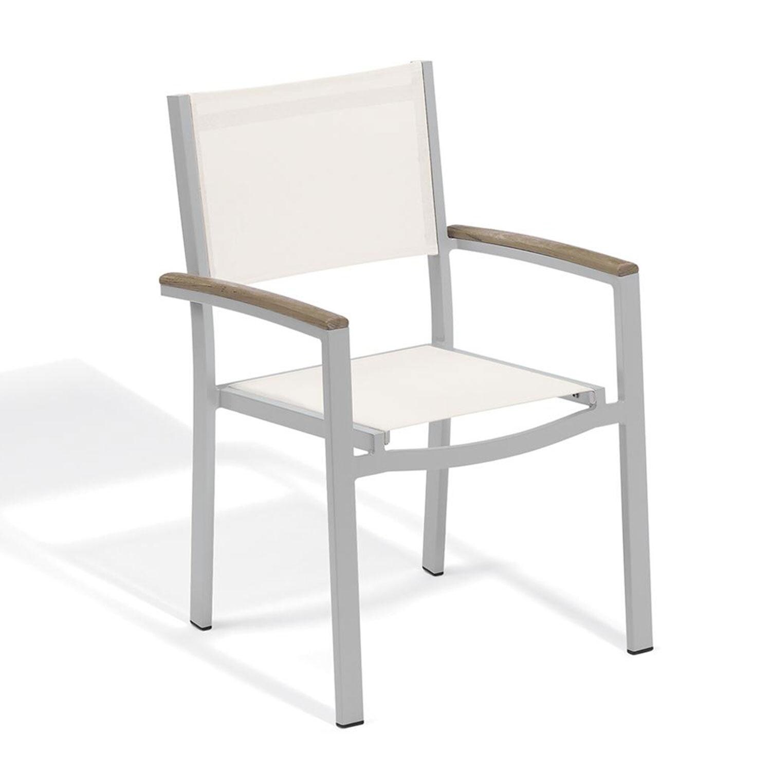 Oxford Garden Travira 6 Piece Flint Aluminum Patio Dining Set - Natural Sling Armchair w/ Vintage Tekwood Arms thumbnail