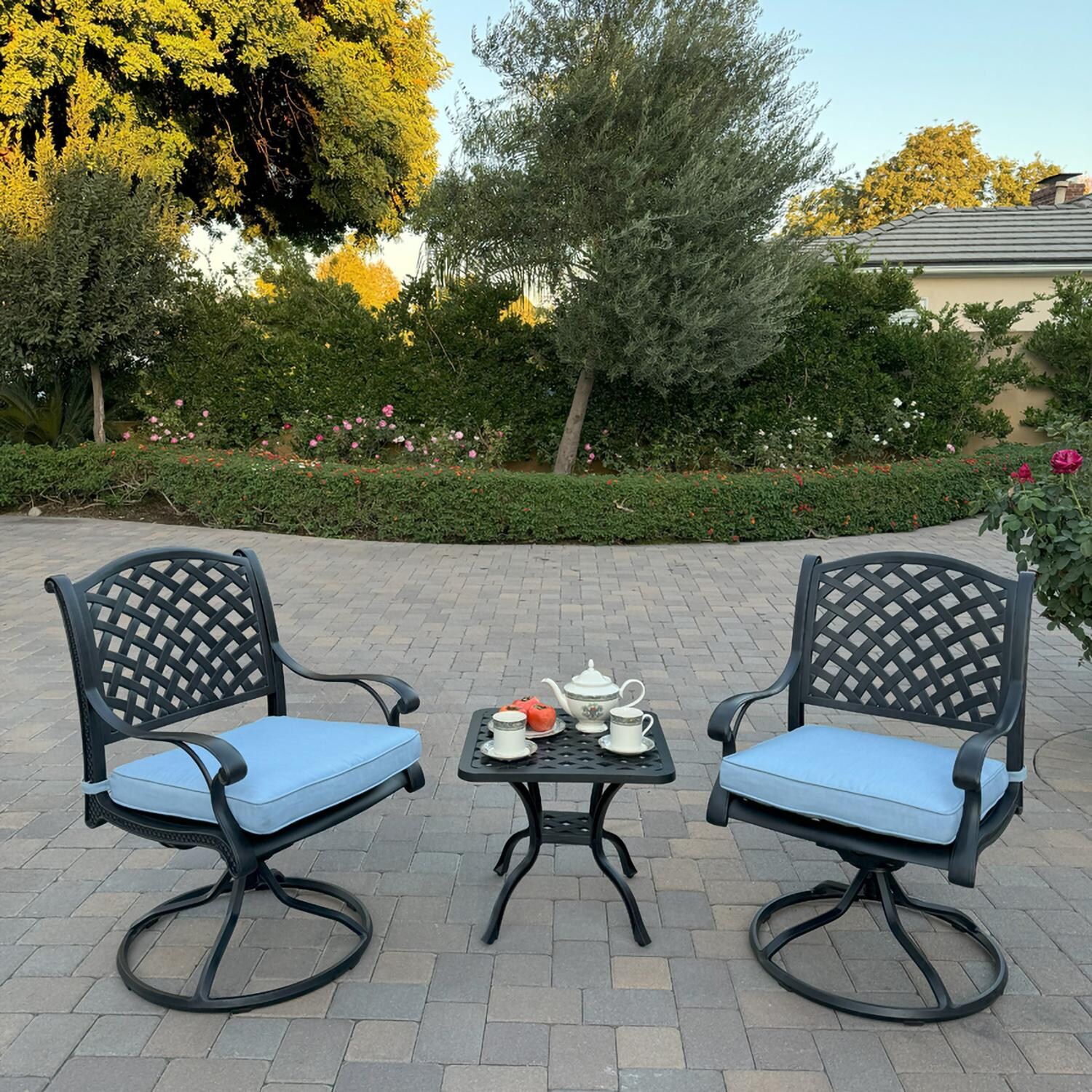 Nassau 3 Pc Cast Aluminum Conversation Set w/ Rocker in Antique Bronze w/ Blue Cushions By Darlee