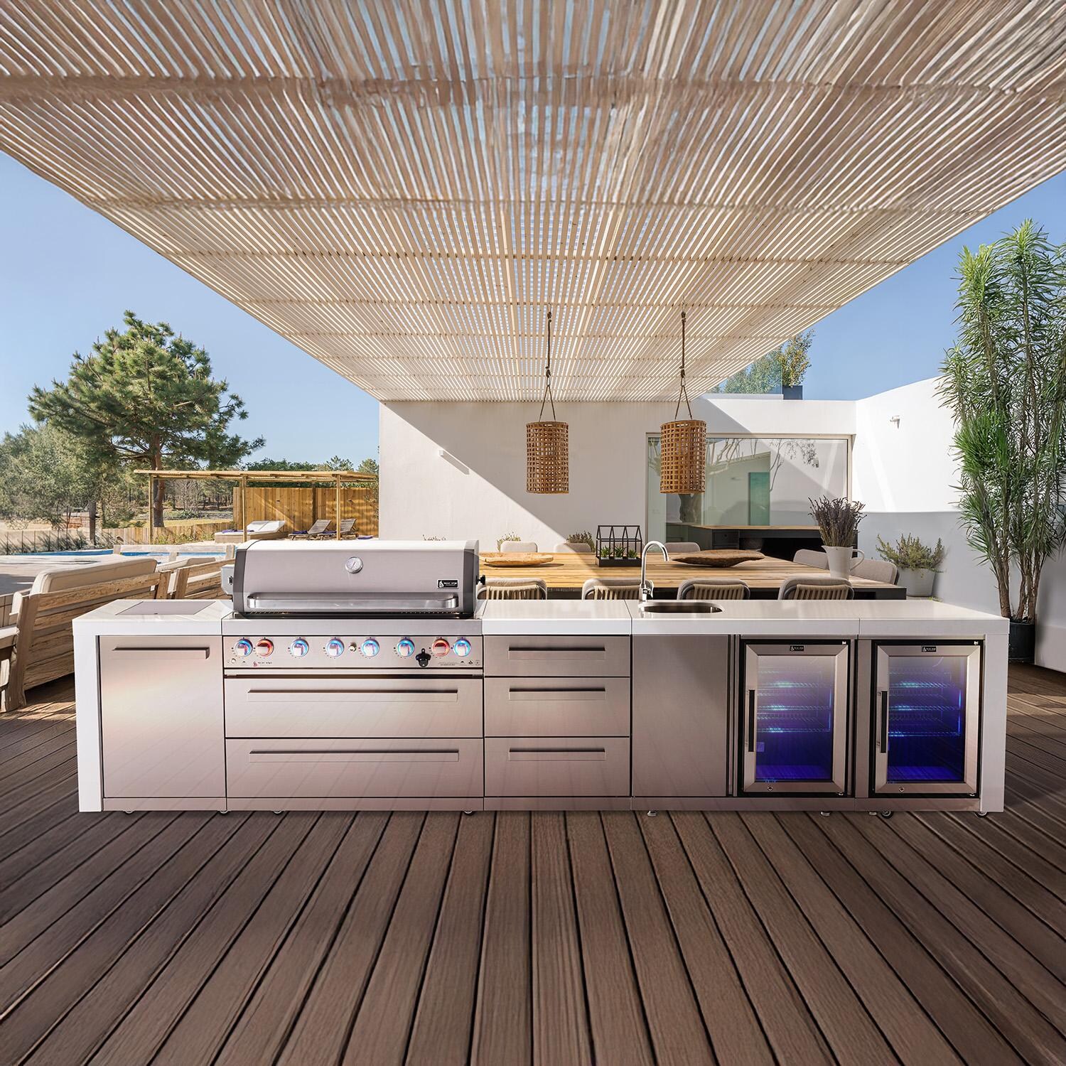 Mont Alpi Deluxe Series 13 Ft Natural Gas Outdoor Kitchen Island w/ 44-in Grill, Side Burner, Beverage Center, Fridge & Triple Drawer (Ships Propane w/ Conversion Kit) - On Patio - Lifestyle thumbnail