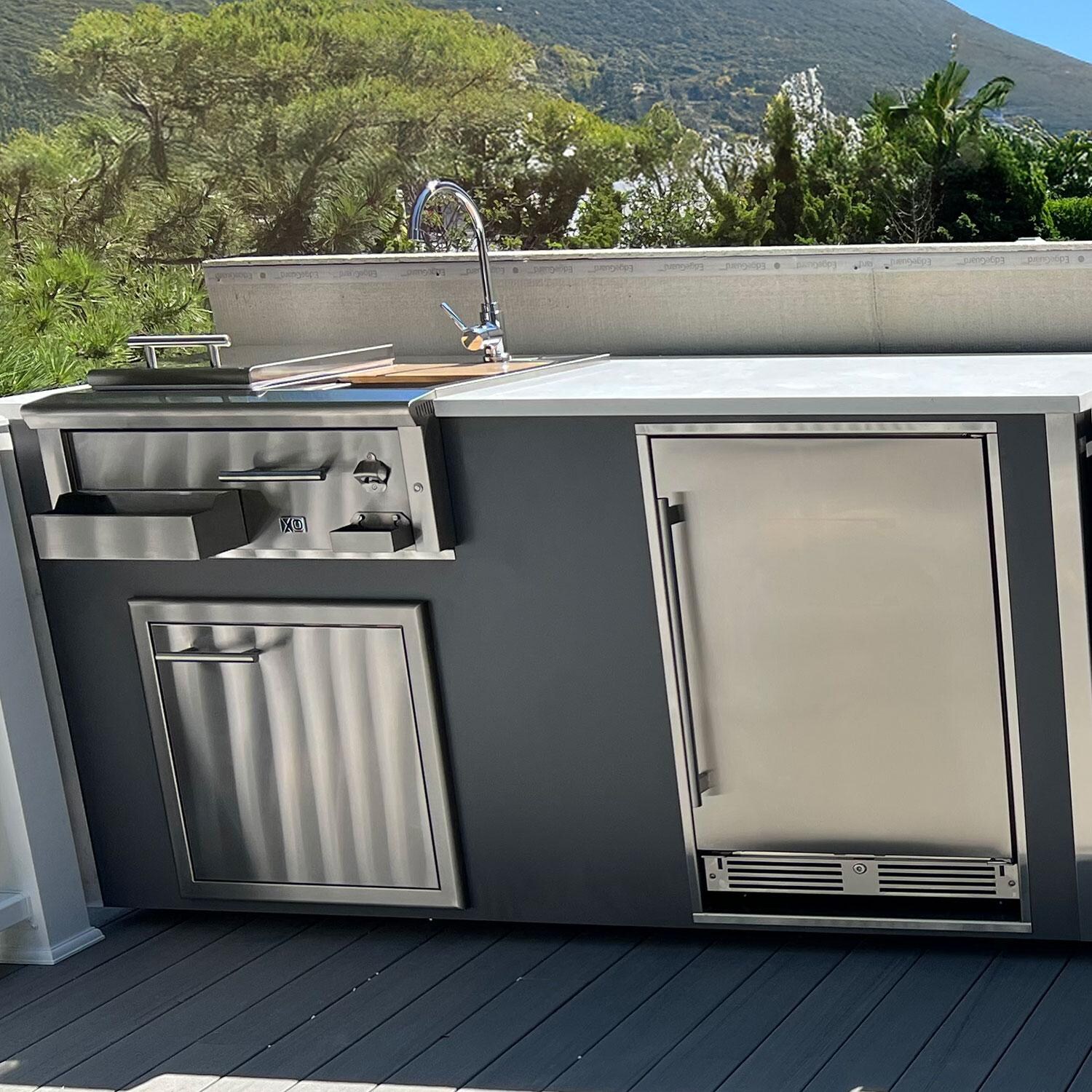 XO Designer 7 Ft Outdoor Kitchen Island w/ Cocktail Pro Station, Single Door, & Outdoor Refrigerator in Gray - Lifestyle thumbnail