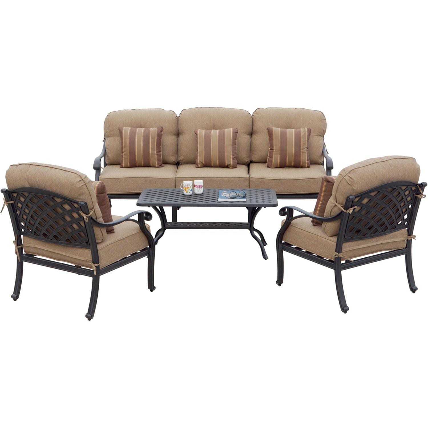 Nassau 4 Pc Cast Aluminum Seating Set w/ 42 X 21 Inch Series 30 Table & Throw Pillows in Antique Bronze/Sesame by Darlee