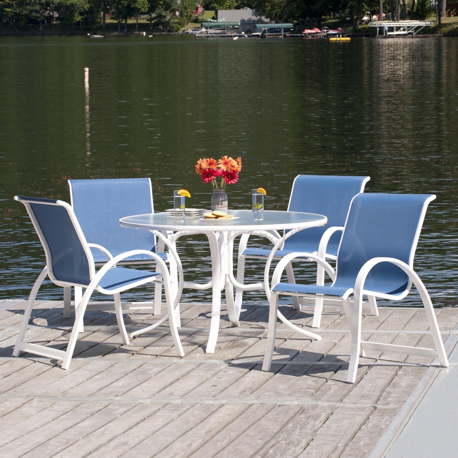 Aruba II 5 Piece Aluminum Patio Dining Set With 48 Inch Round Table & Stacking Chairs By Telescope Casual - Gloss White/Cobalt