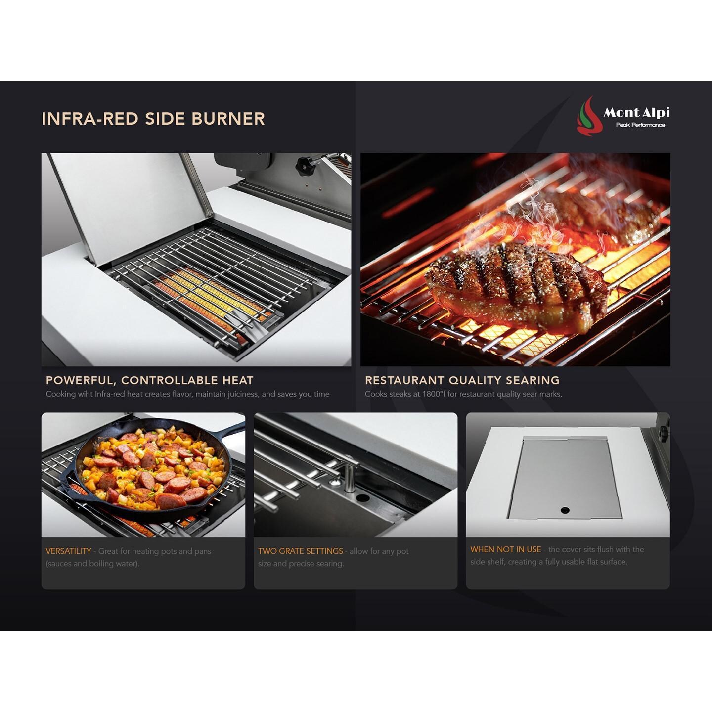 Mont Alpi - MAi805-BSS90FC - Deluxe 90 Degree Propane Gas Island Grill W/ Refrigerator Cabinet, Infrared Side Burner, & Rotisserie Kit - Black Stainless Steel - Sear Burner Features - Detail