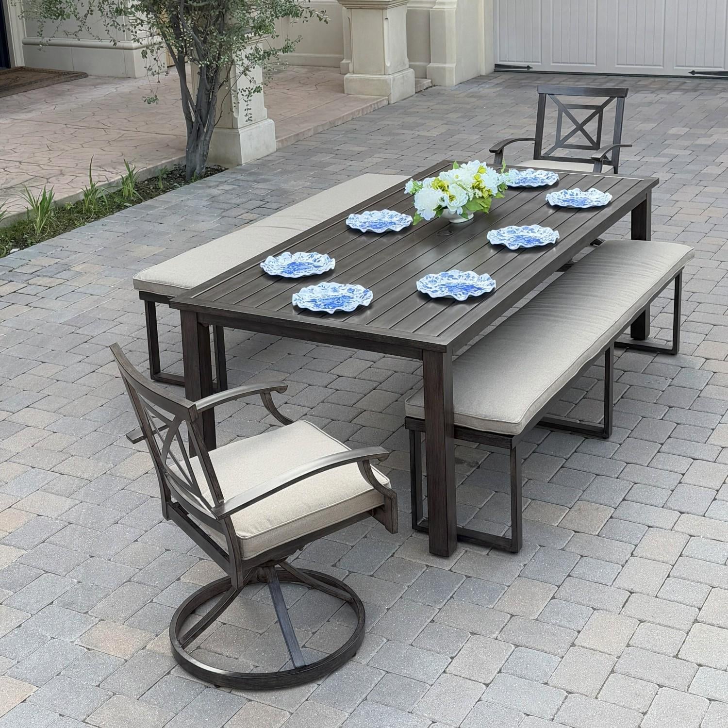 Darlee Atlantis 5 Pc Aluminum Dining Set w/ 2 Swivel Rocker Dining Arm Chairs & 2 Three Person Benches in Walnut/Beige by - B/2350-5PCBR-L-Beige