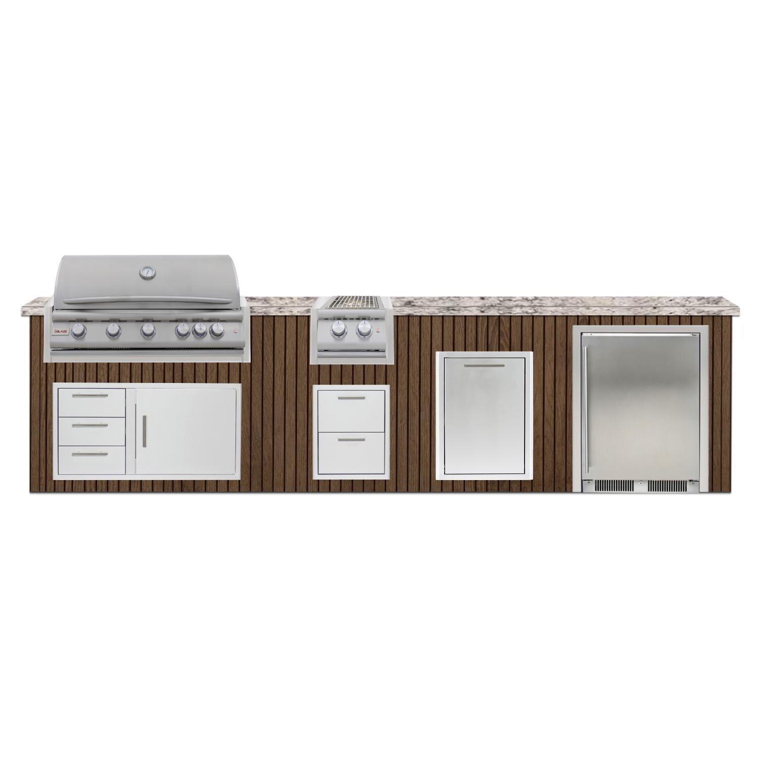 BBQGuys Signature 12 Ft Outdoor Kitchen Island w/ 40-in Blaze LTE+ Propane Grill & Double Side Burner, 24-in Refrigerator & Double Trash Bin | Toffee w/ White Valley Granite