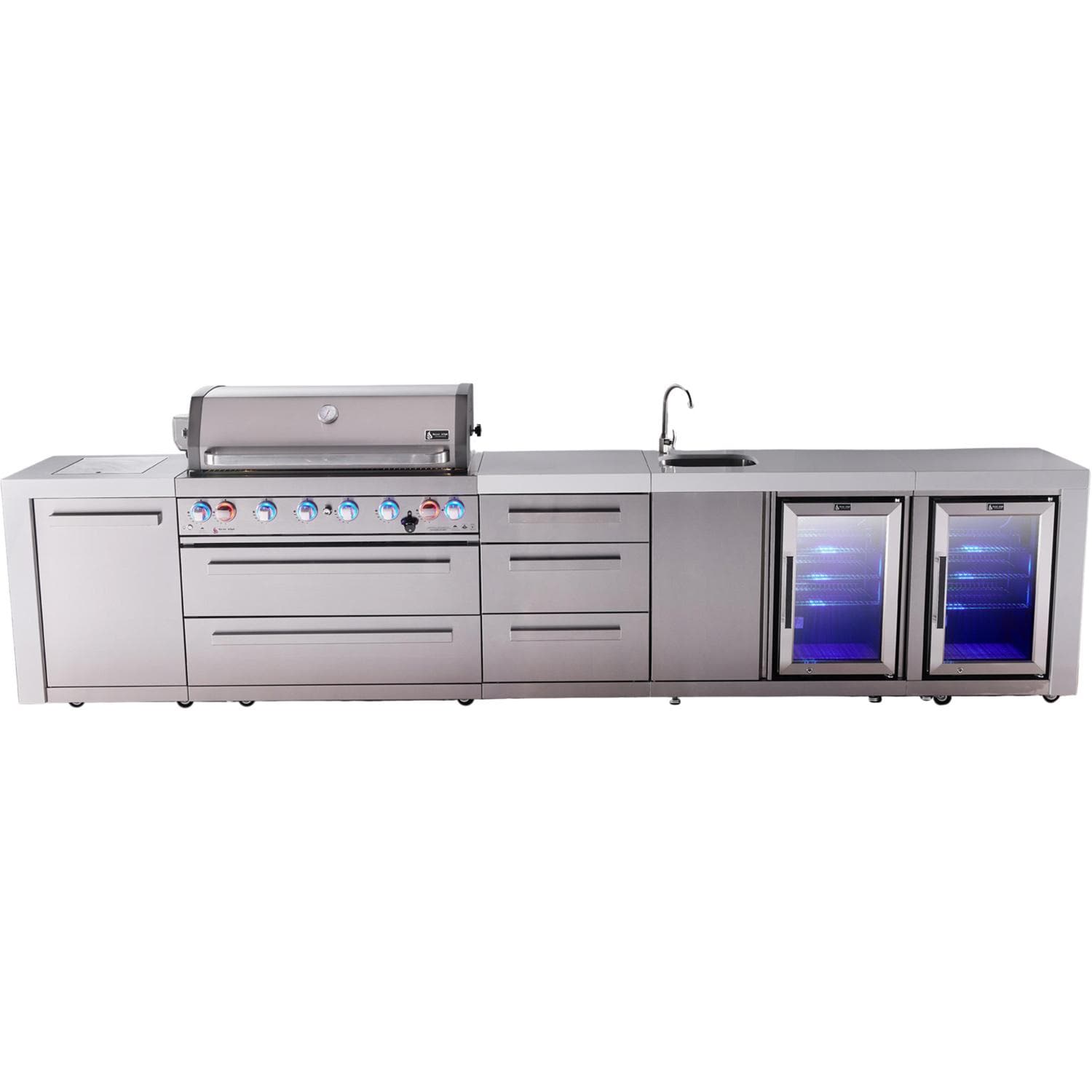 Mont Alpi Deluxe Series 13 Ft Propane Outdoor Kitchen Island w/ 44-in Grill, Side Burner, Beverage Center, Fridge & Triple Drawer - MAi805-DBEVFCDR