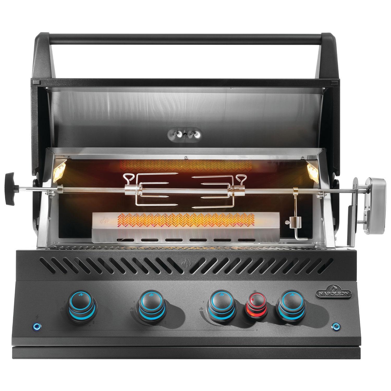 Napoleon BIG32RBPMK-1 700 Series 32-in Built-In Propane Grill w/ Rotisserie & Infrared Rear Burner - Matte Black - Rotisserie Kit w/ Interior Hood Lighting & Rear Burner On - White Background thumbnail