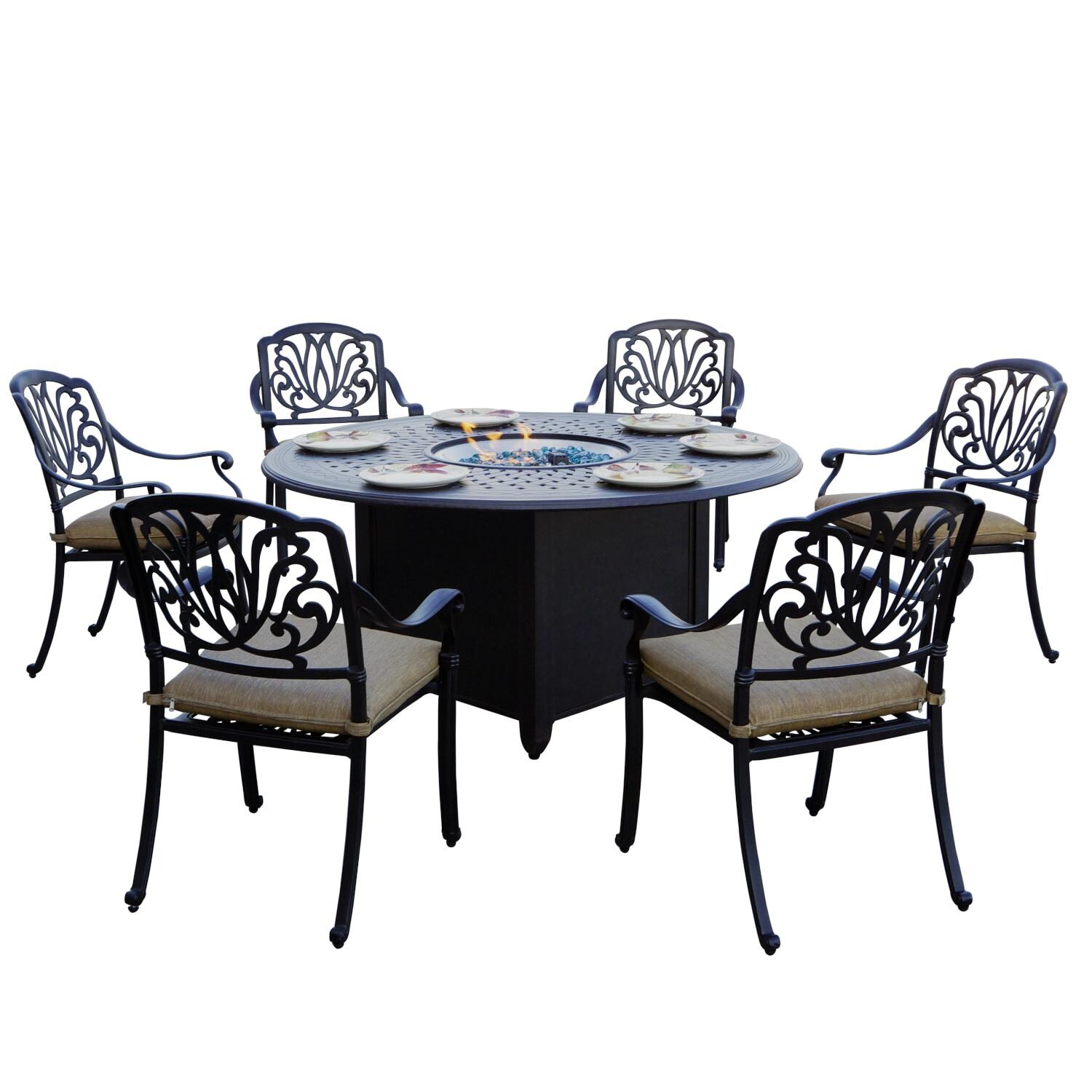 Elisabeth 7 Pc Cast Aluminum Fire Pit Dining Set w/ 60 Inch Round Table in Antique Bronze/Sesame by Darlee
