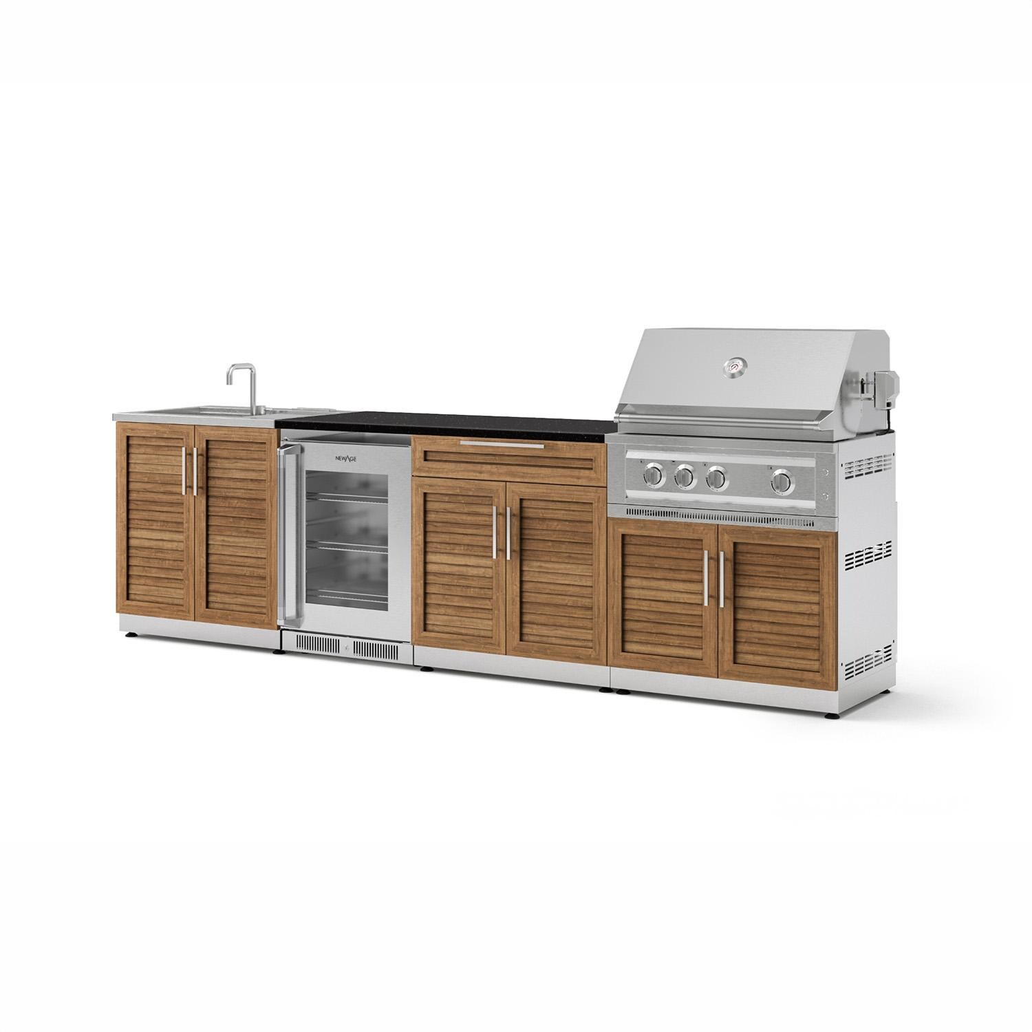 NewAge Products 72039 Classic Series 10 Ft Outdoor Kitchen Island w/ 33-in Natural Gas Grill, Sink, Glass Door Refrigerator, Trash Bin, Door & Drawer in Grove/Nano Black - Angled - White Background thumbnail