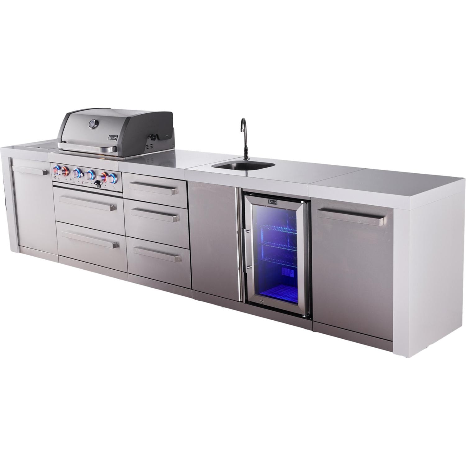 Mont Alpi Deluxe Series 12 Ft Natural Gas Outdoor Kitchen Island w/ 32-in Grill, Side Burner, Beverage Center & Triple Drawer (Ships Propane w/ Conversion Kit) - Angled Right - White Background thumbnail