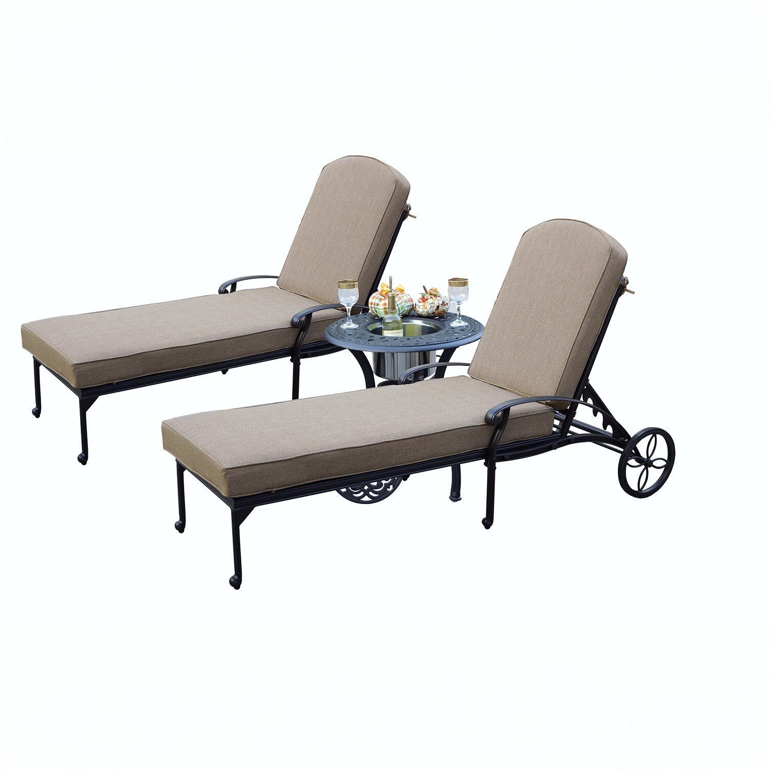 Darlee Elisabeth 3 Pc Cast Aluminum Chaise Lounge Set w/ 24 Inch Ice Bucket End Table & in Antique Bronze/Beige Canvas - Set Angled - White Background thumbnail