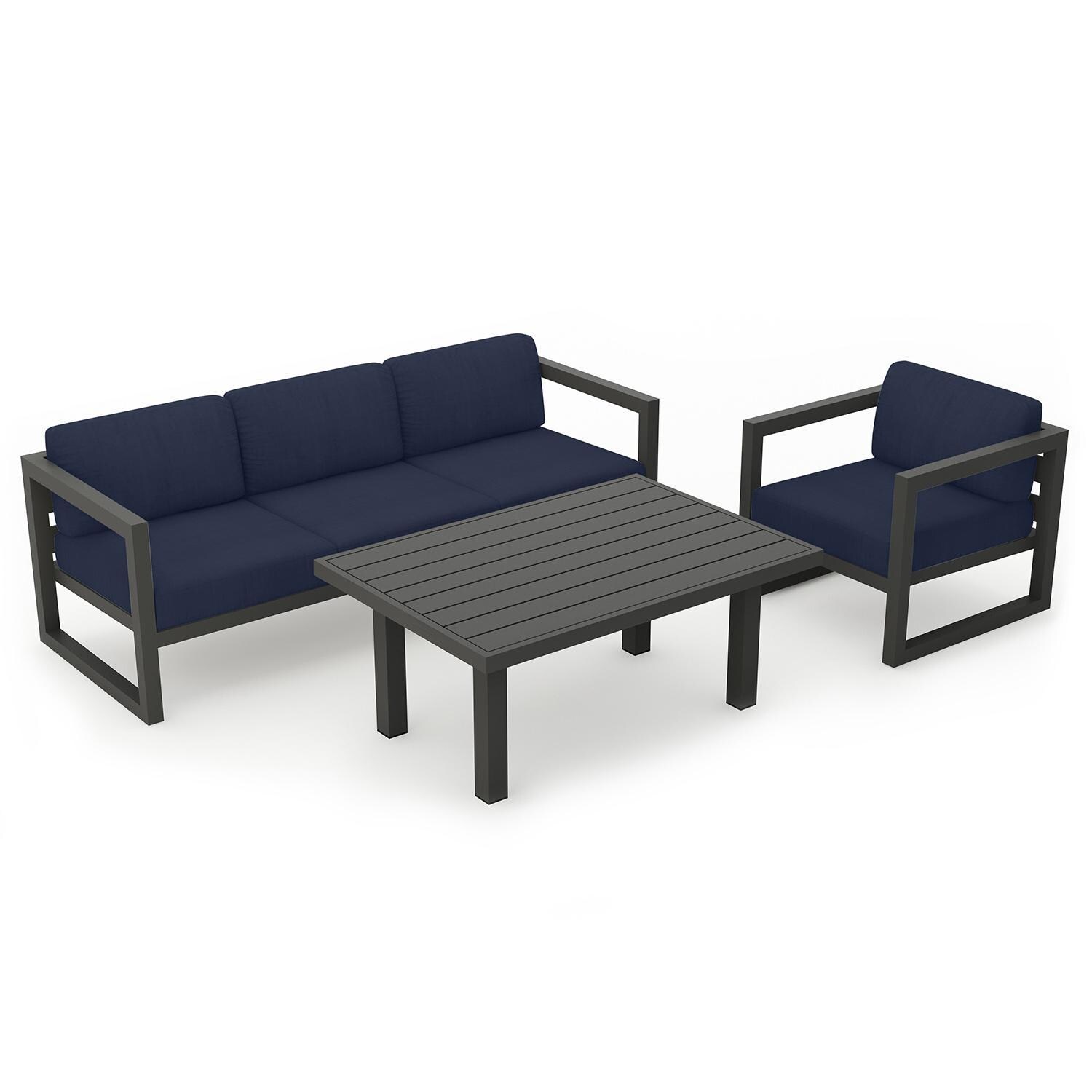 Misty Cove 3 Piece Seating Set in Slate w/Chat Table & Spectrum Indigo Cushions by Lakeview - Top Angle View - White Background thumbnail
