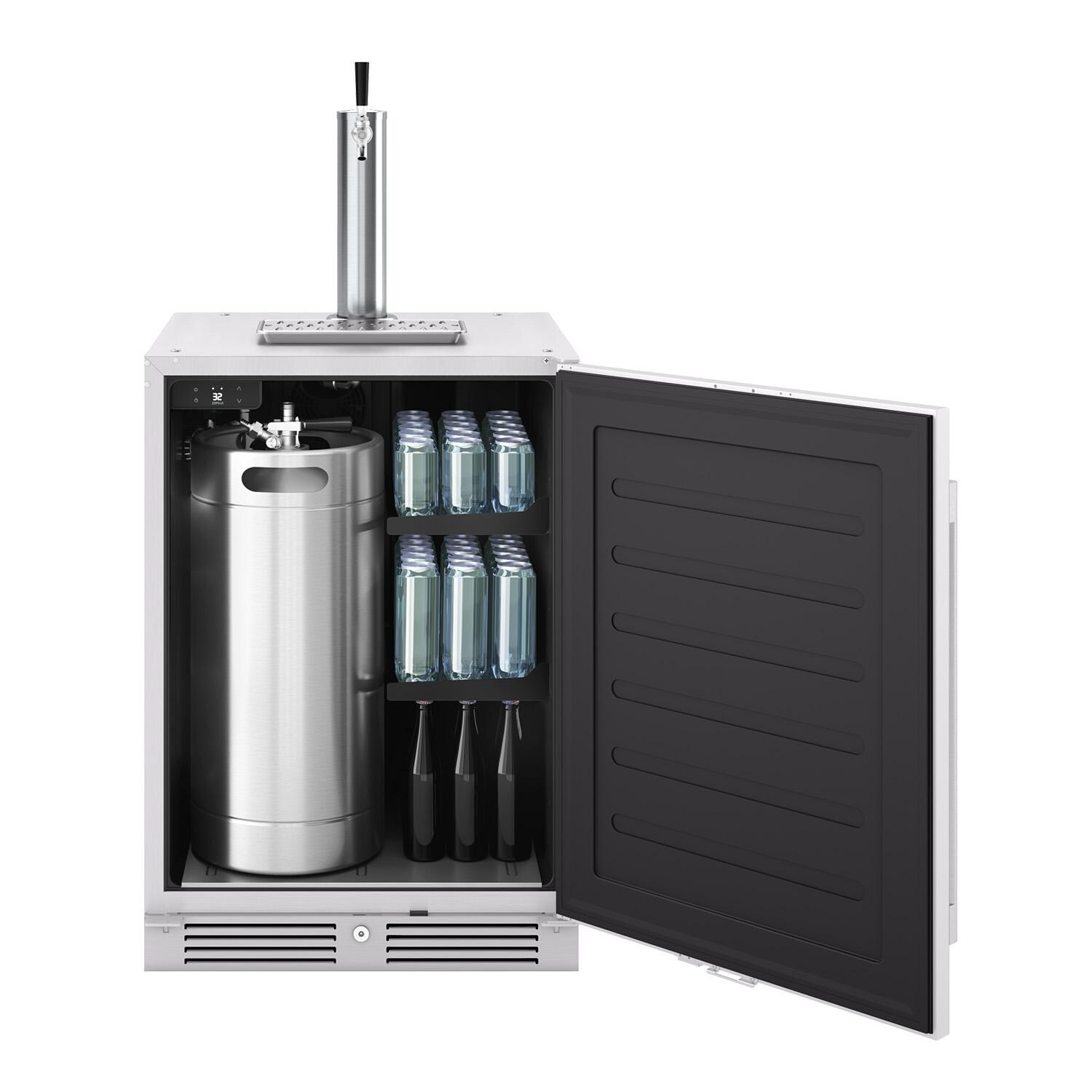 Zephyr PRKB24C01AS-OD Presrv 24 Inch Outdoor Kegerator & Beverage Cooler - Open w/ Quarter Keg & Shelves (Shown w/ Single Tap) - White Background thumbnail