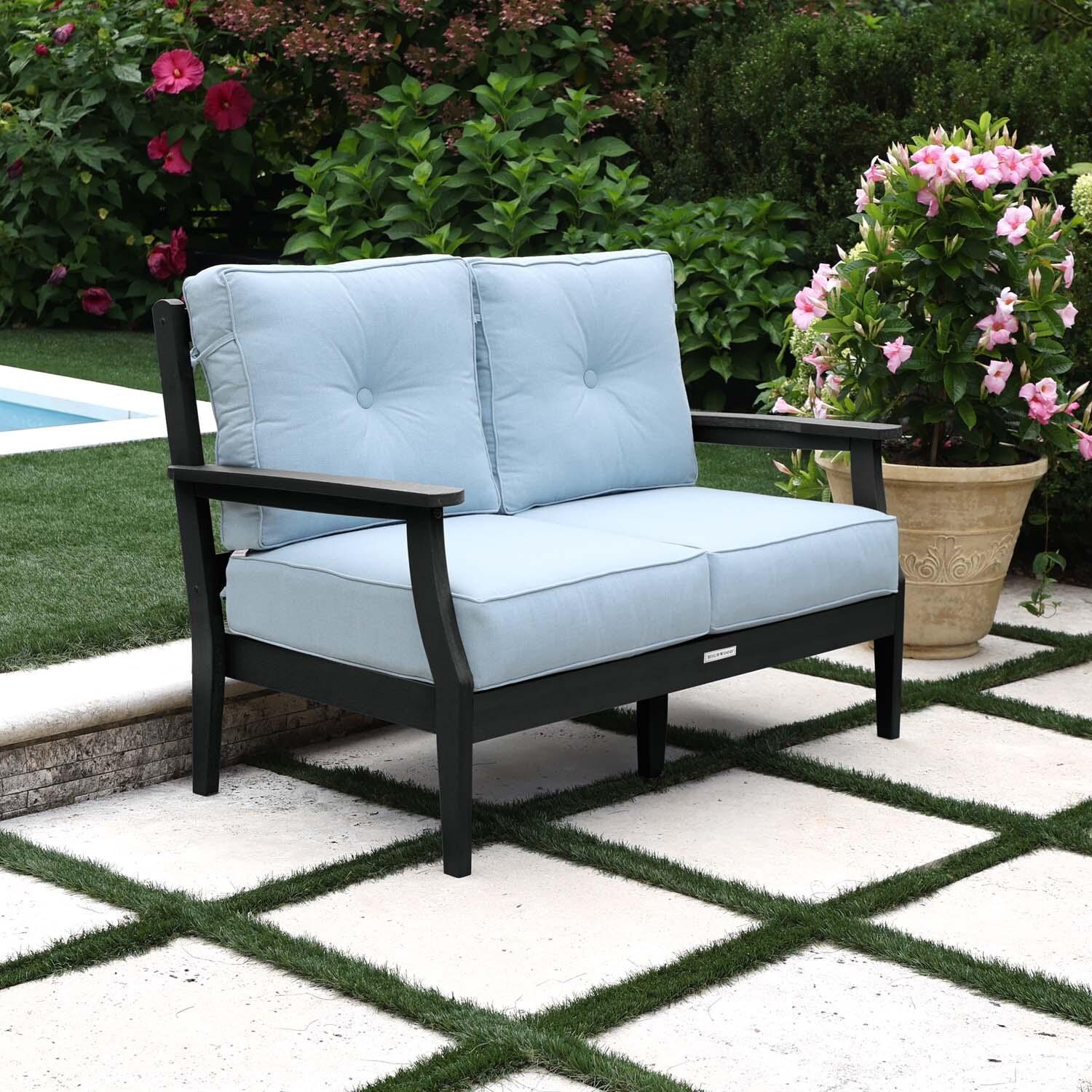 Blushing Bay 2 Person Recycled Plastic Loveseat in Bliss Dew/Black by Lakeview Outdoor Designs - Left Angled - Lifestyle thumbnail