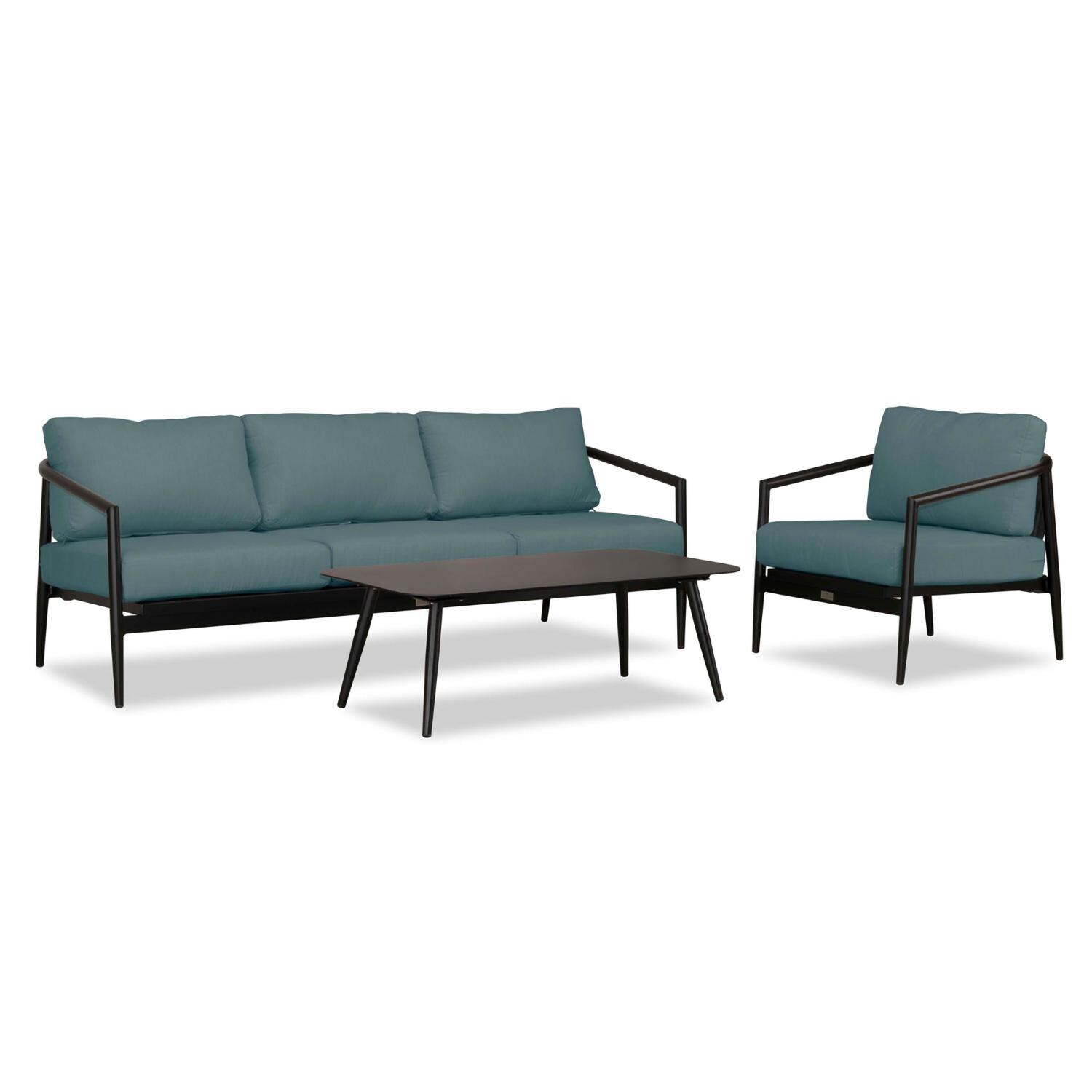 Lakeview Midnight Cove 3 Pc Aluminum Sofa Seating Set in Black/Carbon/Cast Lagoon - Angled - White Background thumbnail