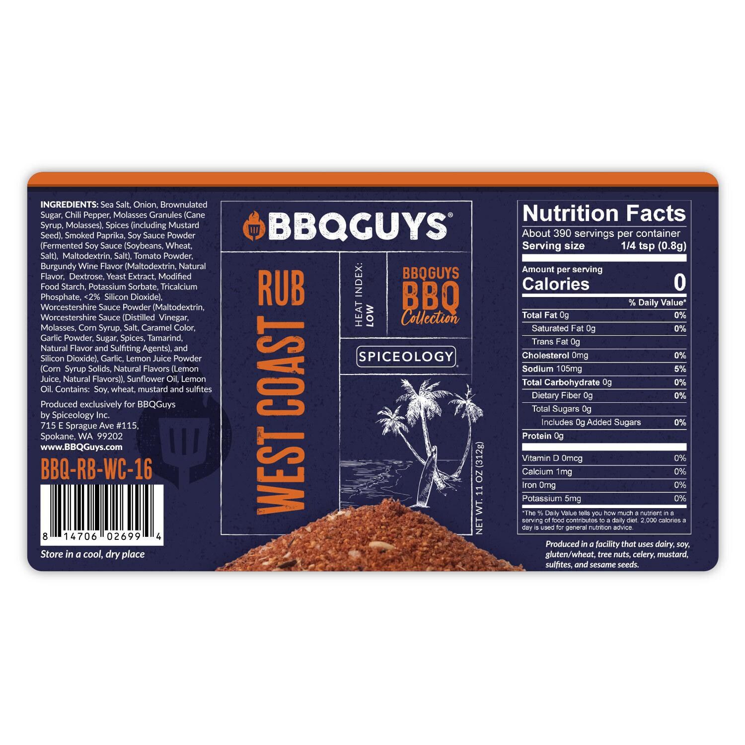 BBQGuys Signature x Spiceology West Coast, Texas, Yucatan Rojo, & Habanero Honeybee Rub Variety Pack - West Coast Rub Nutrition Label thumbnail