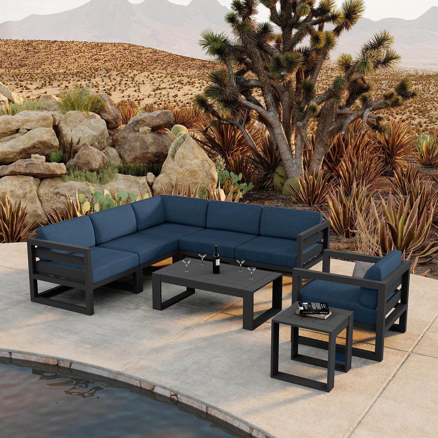 Misty Cove 8 Pc Aluminum Seating Set w/ Sectional in Slate/Spectrum Indigo by Lakeview Outdoor Designs