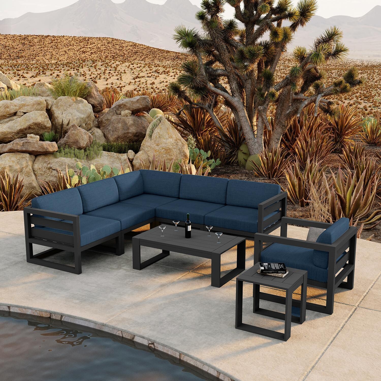 Misty Cove 8 Pc Aluminum Seating Set w/ Sectional in Slate/Spectrum Indigo by Lakeview Outdoor Designs