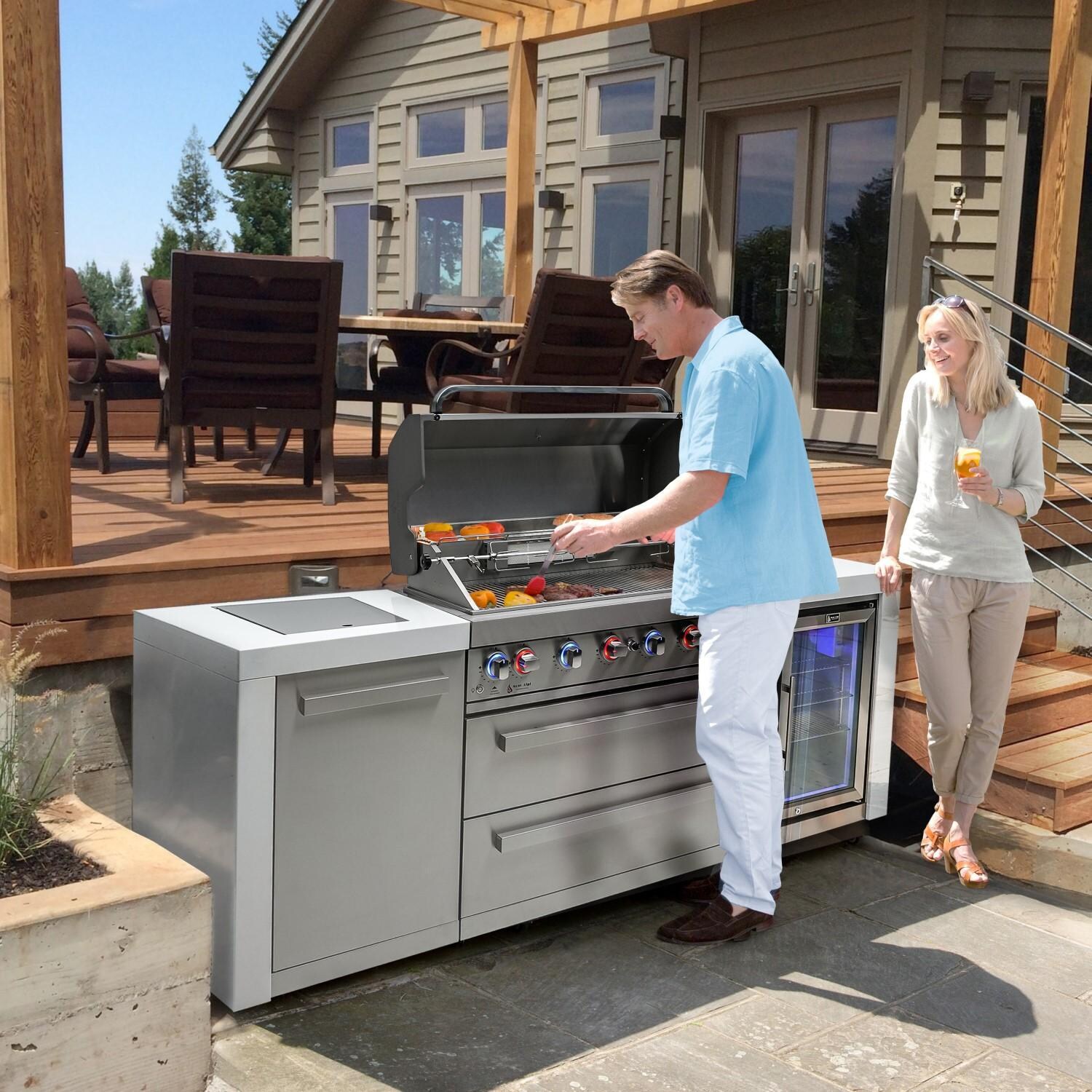 Mont Alpi MAi805-DFC 805 Deluxe Natural Gas Island Grill W/ Refrigerator Cabinet, Infrared Side Burner, & Rotisserie Kit - Stainless Steel - Lifestyle thumbnail